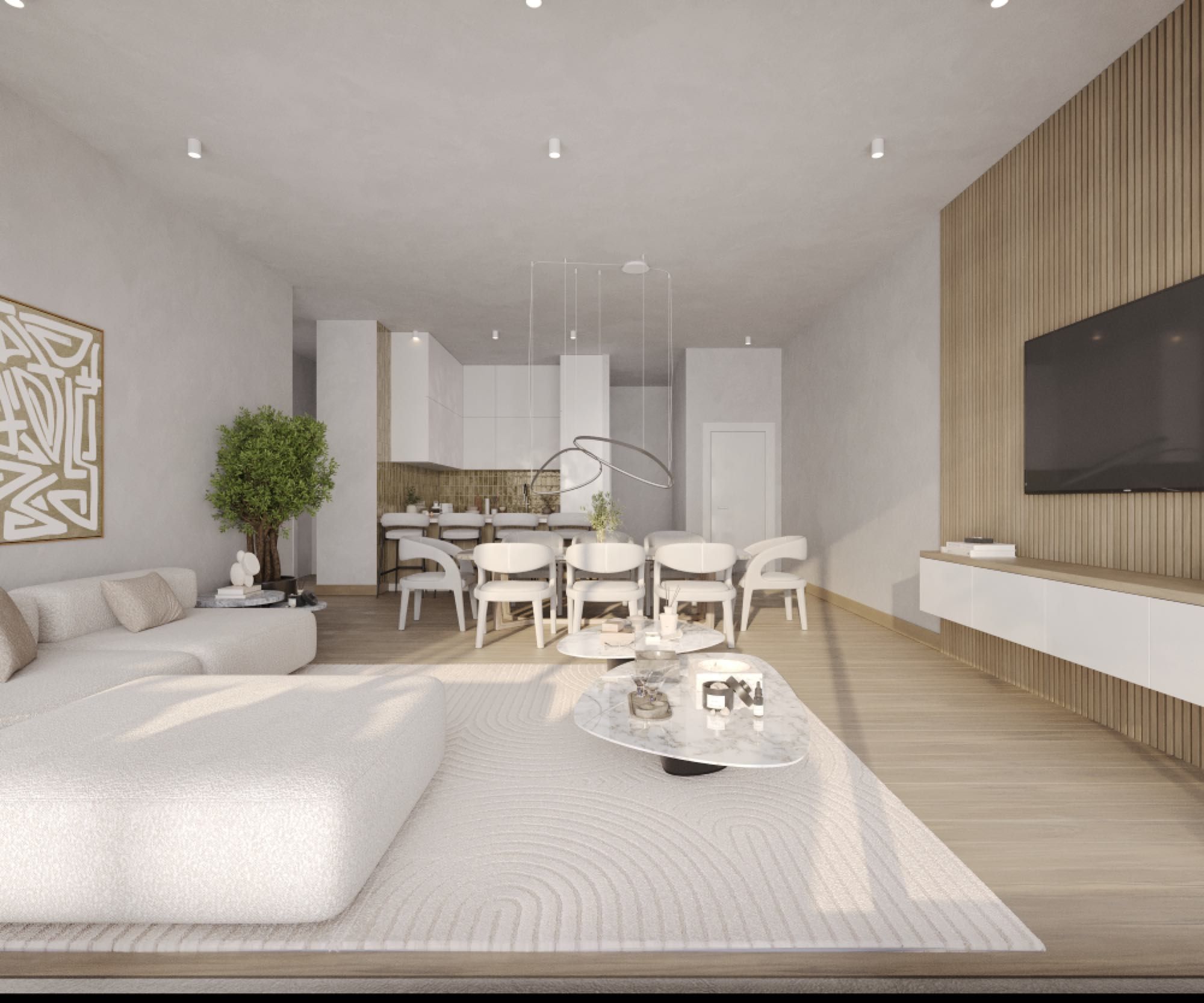 Bright living room with floor-to-ceiling windows and open-plan layout