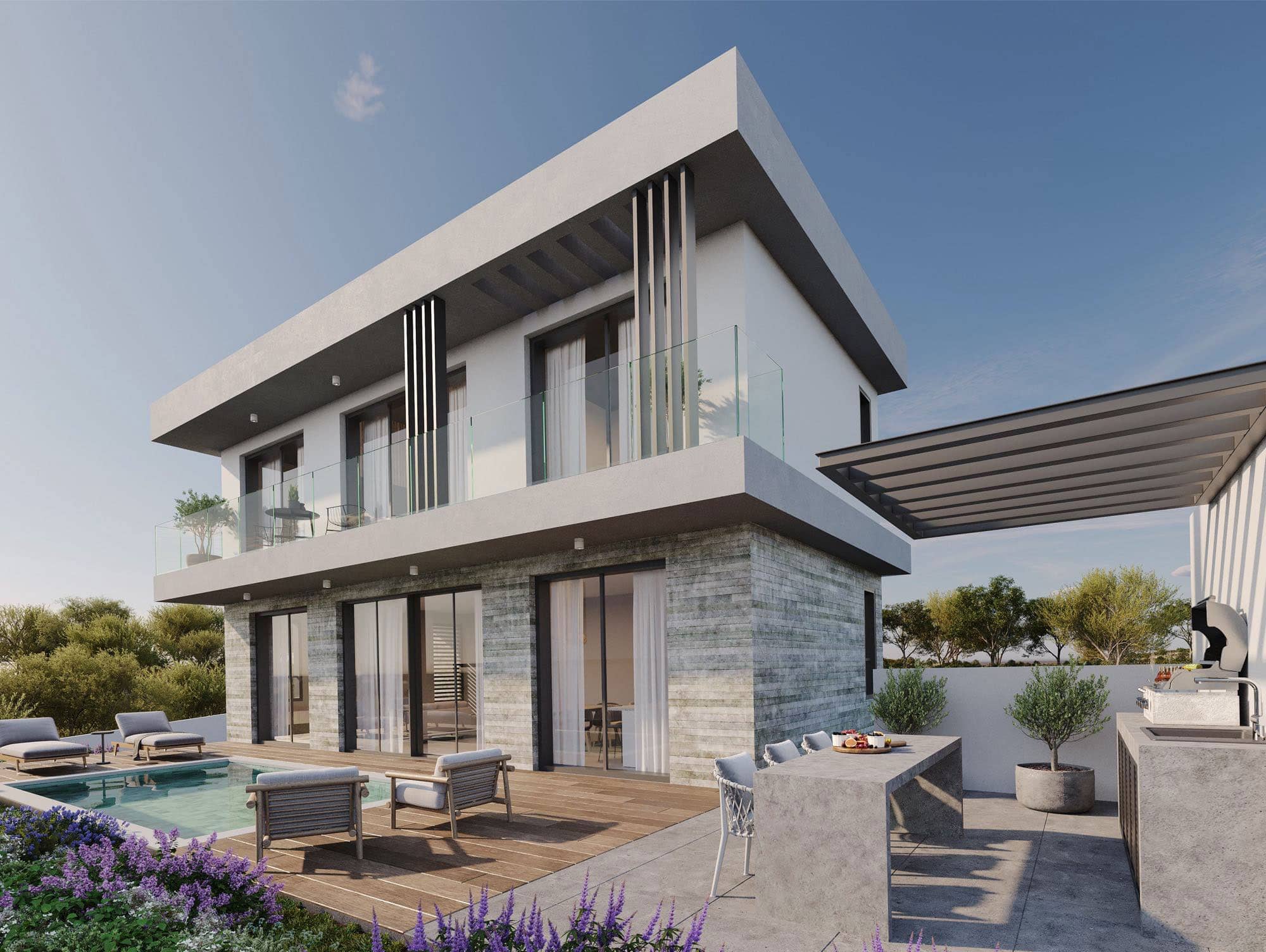 Modern villa exterior with private pool in Cyprus