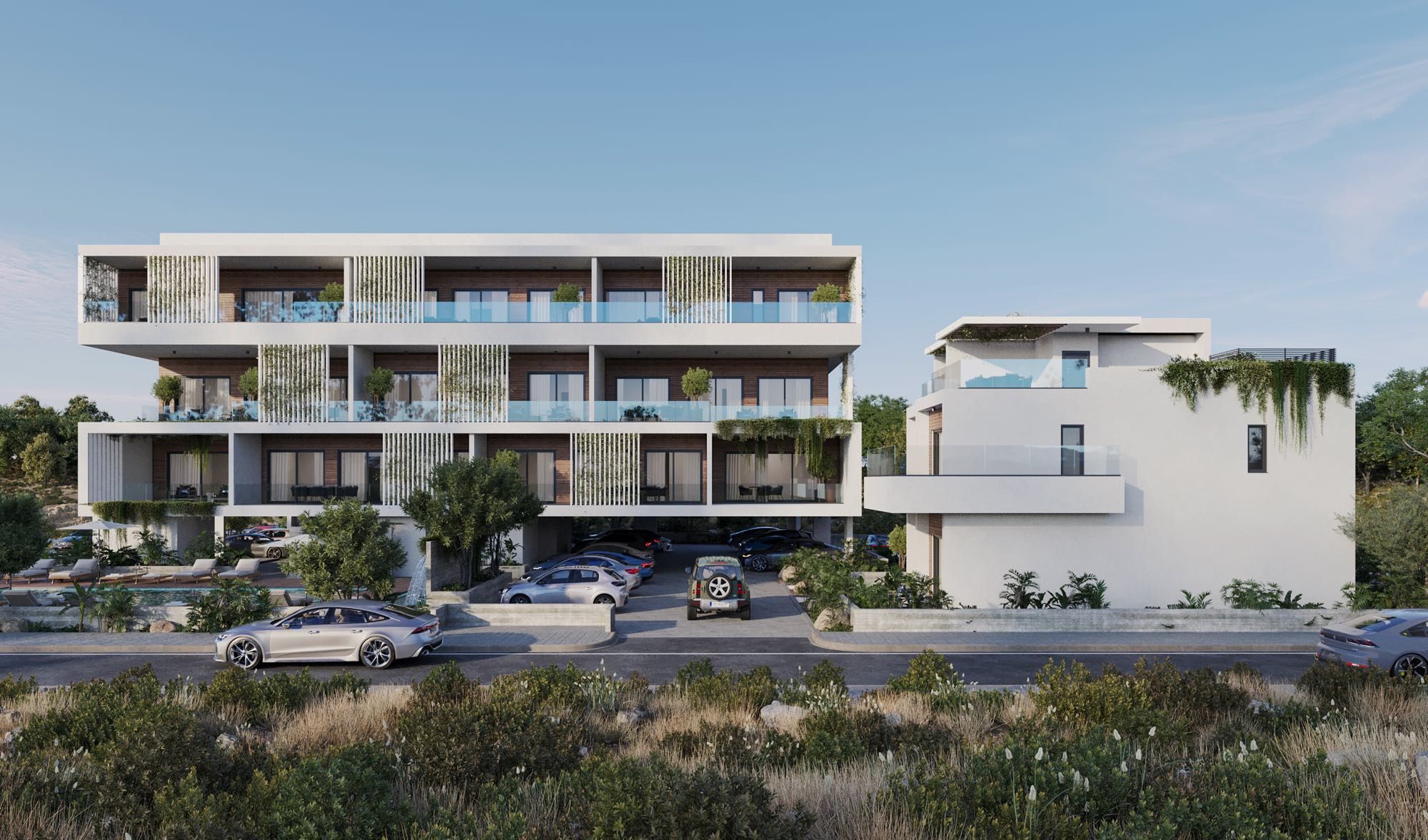 Modern low-rise residential building Dolce Apartments near Elysium Hotel in Paphos