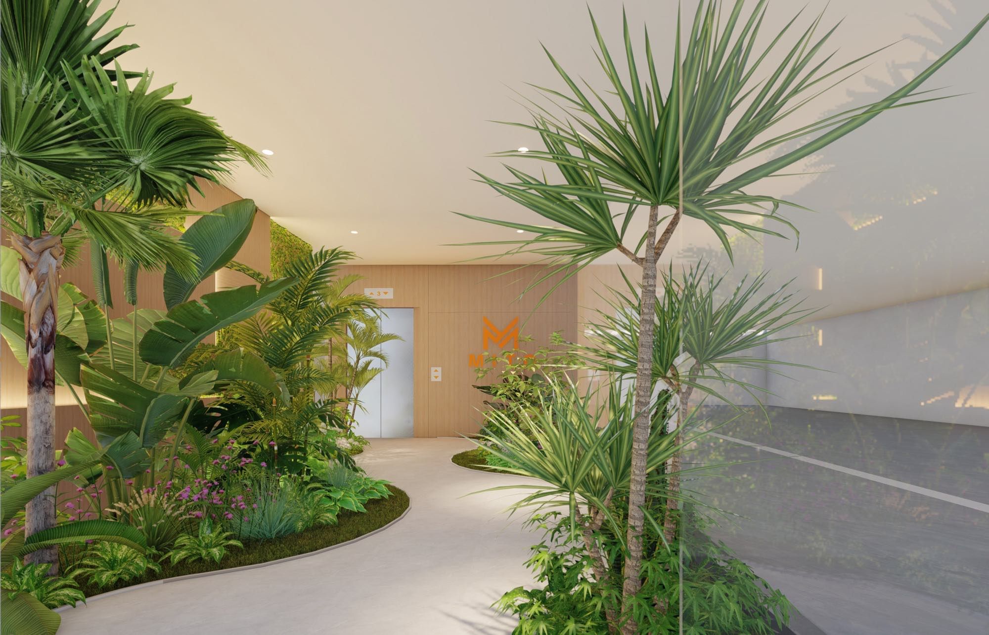 Stylish apartment building surrounded by landscaped gardens