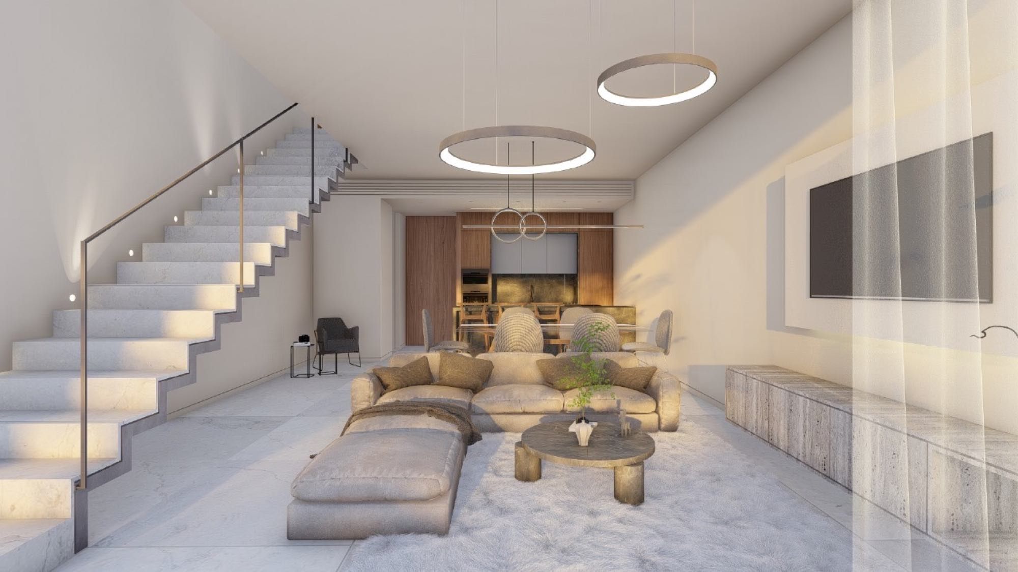 Elegant furnished living room with sea view and marble floors