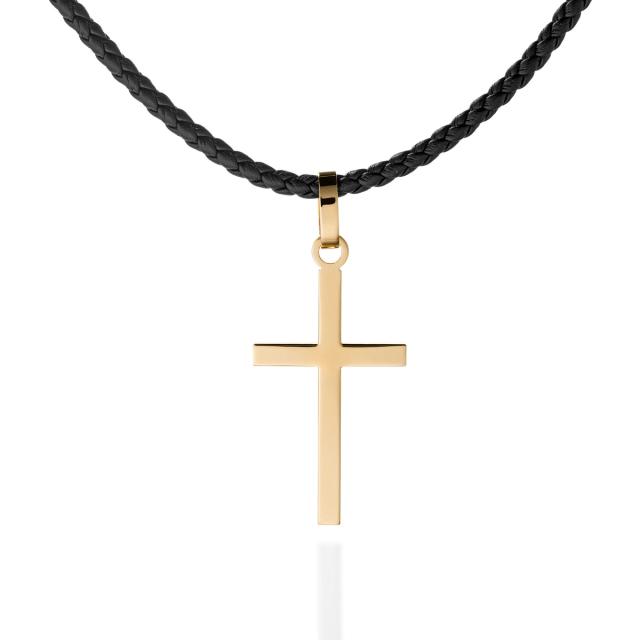 black necklace with golden cross-shaped pendant