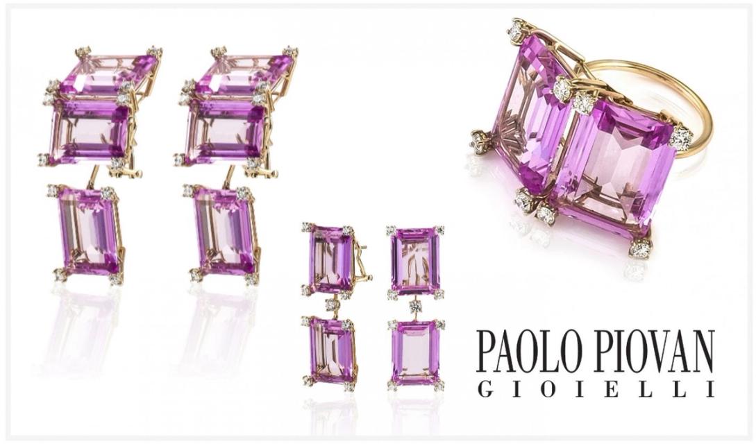 set of earring and ring with pink precious stones
