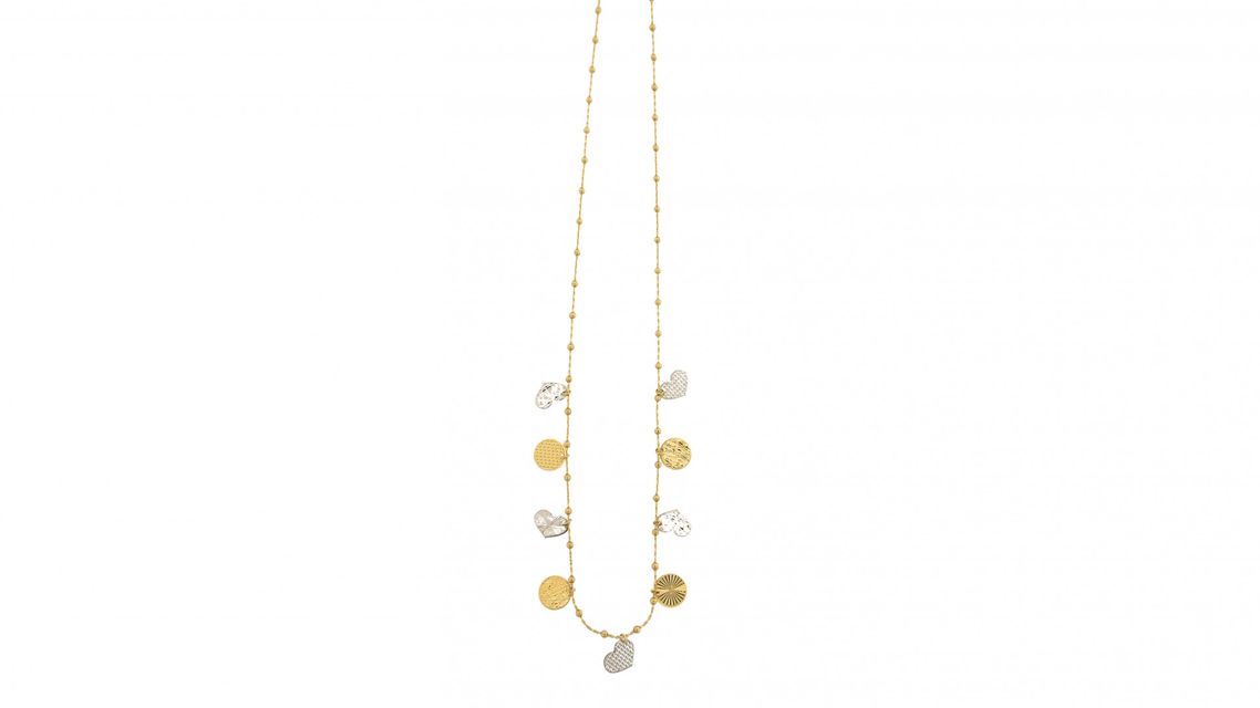 golden necklace with circle and hearth shaped charms