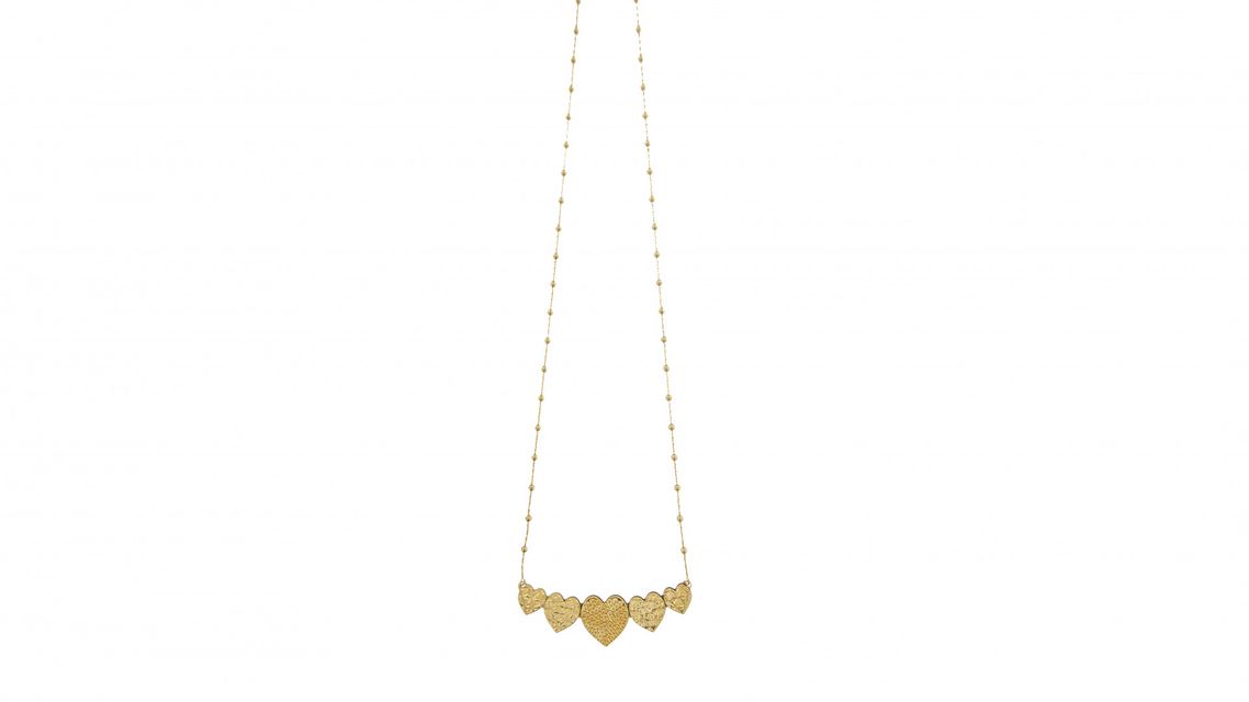 golden necklace with hearth shaped charms