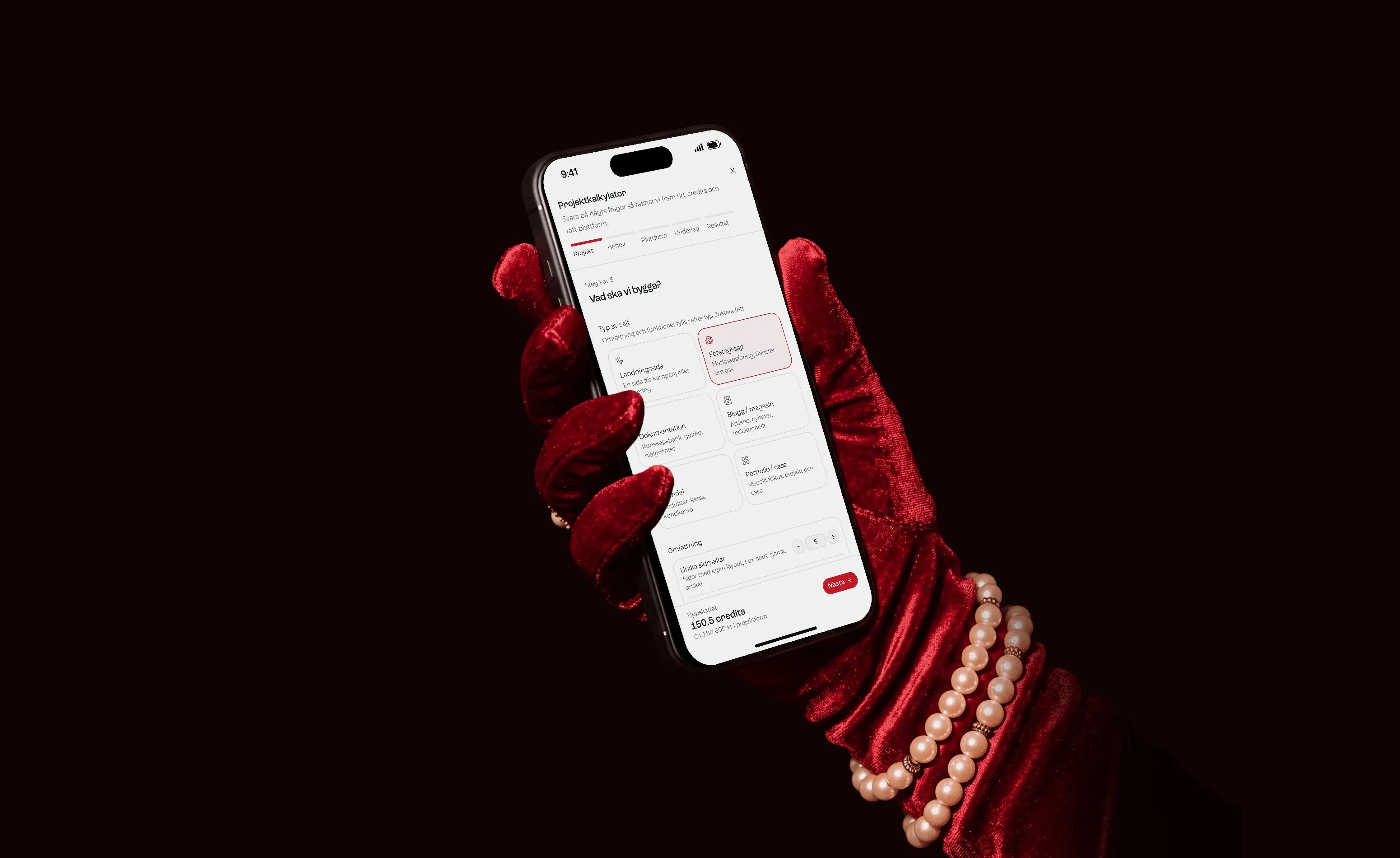 The project calculator on an iPhone held in a red velvet glove, a company site picked and its estimate showing