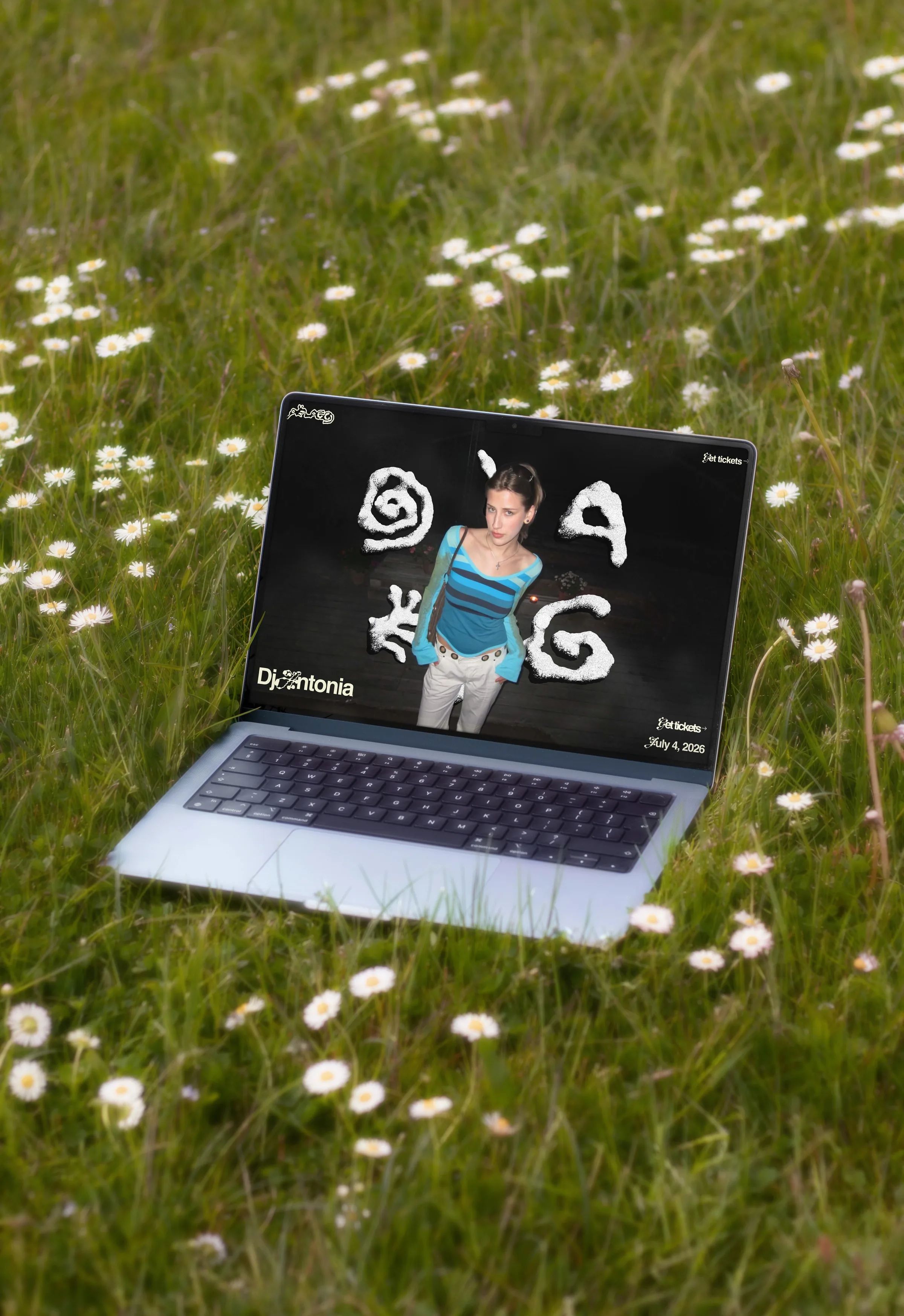 The Pëlago Live homepage, DJ Antonia among the textured letters, on a laptop in a meadow