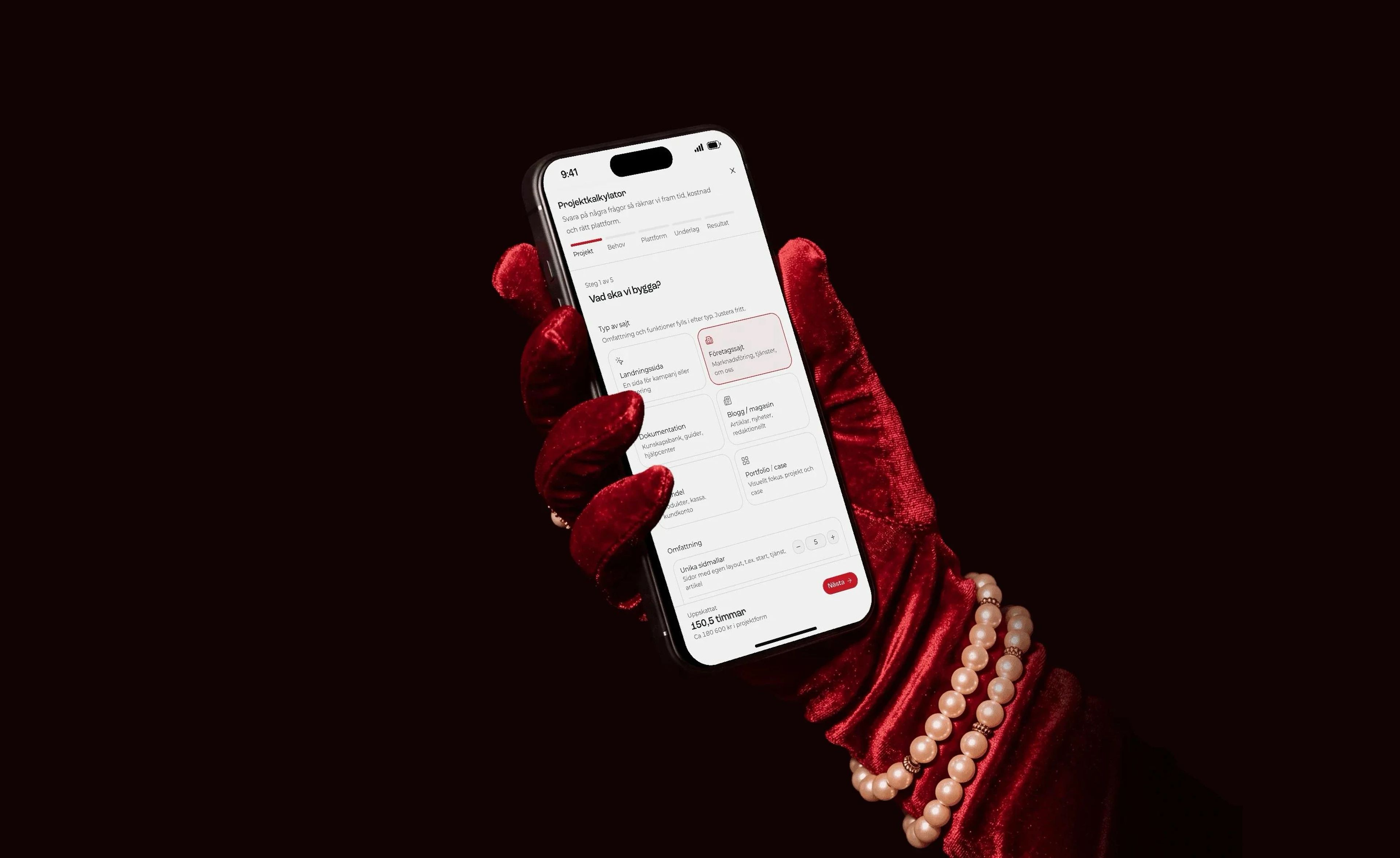 The project calculator on an iPhone held in a red velvet glove, a company site picked and its estimate showing