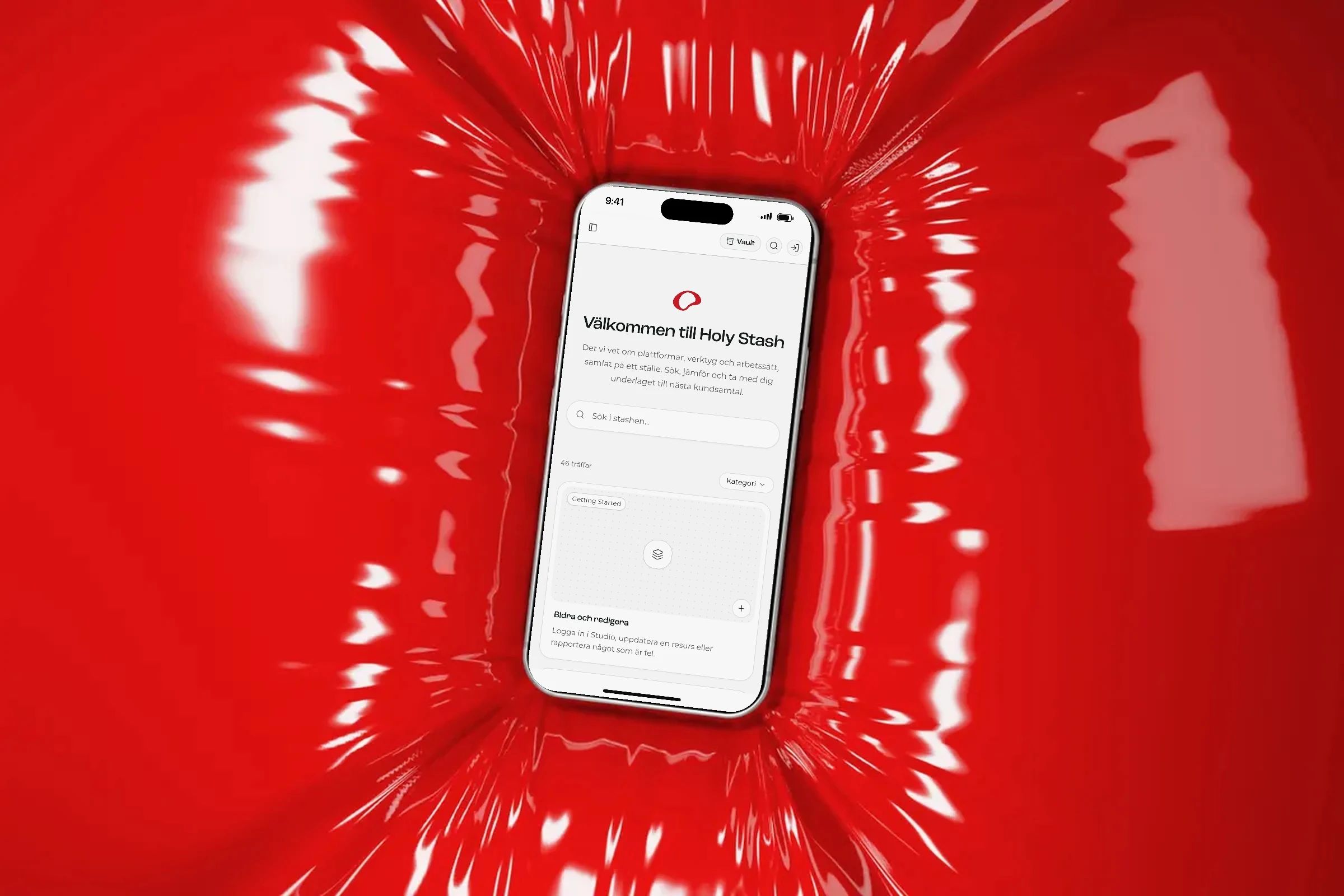 Holy Stash's start page on an iPhone lying in glossy red vinyl