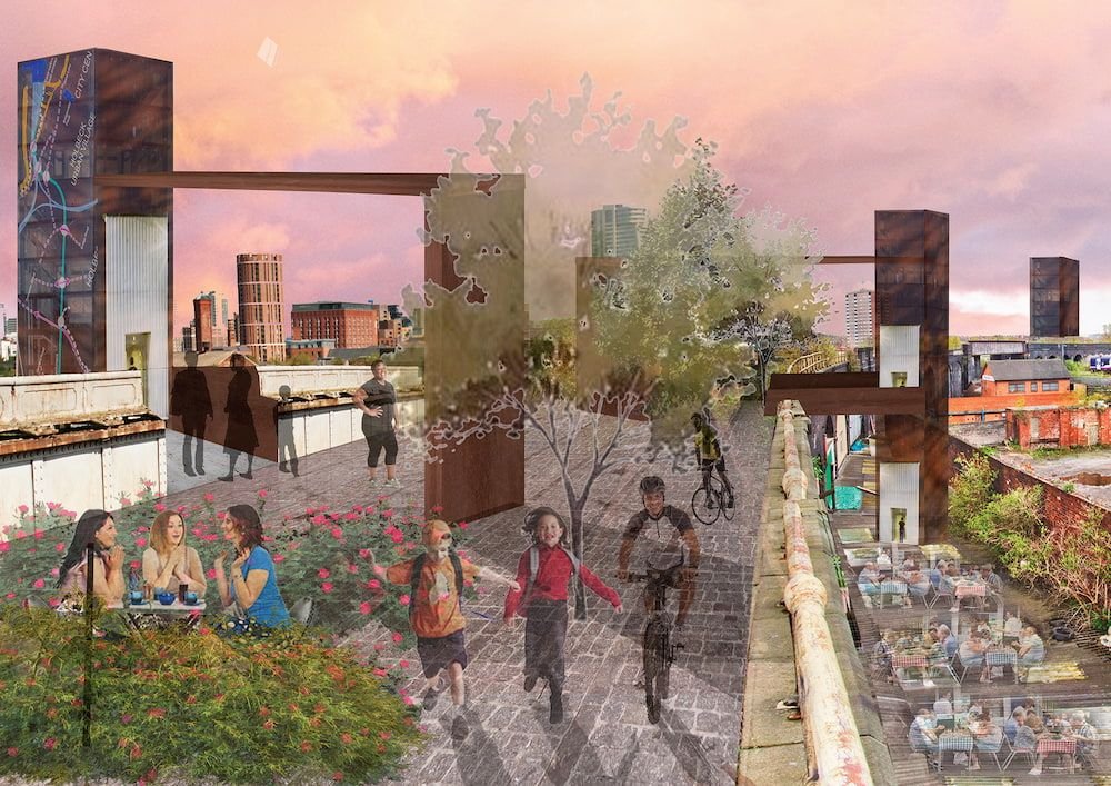 The proposed steps up to the Viaduct, alongside cafes, are mocked up over an existing image of the Viaduct