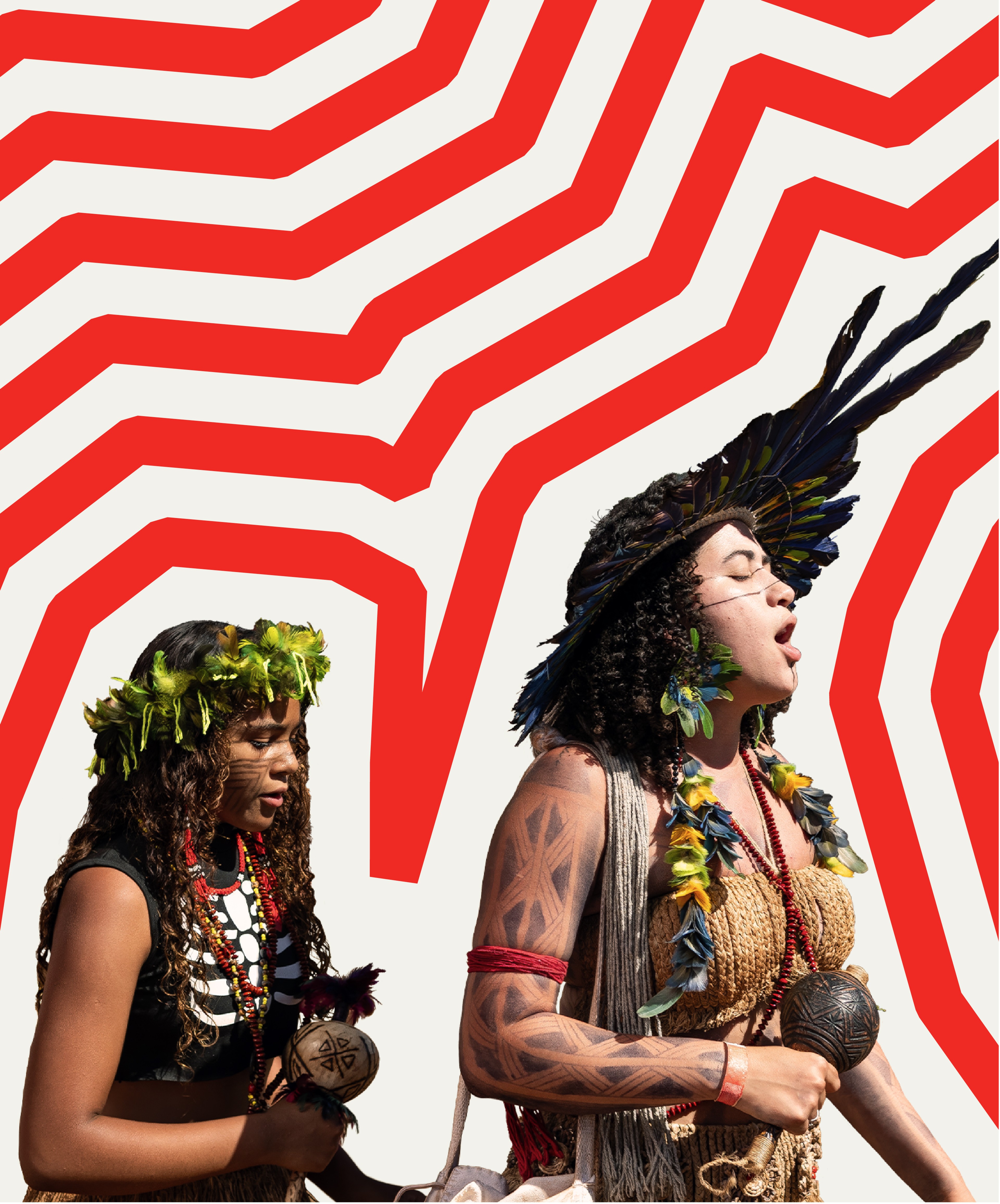 A photo of two indigenous women is taken mid dance. They are then outlined red lines that increasingly move out from them in 100px increments