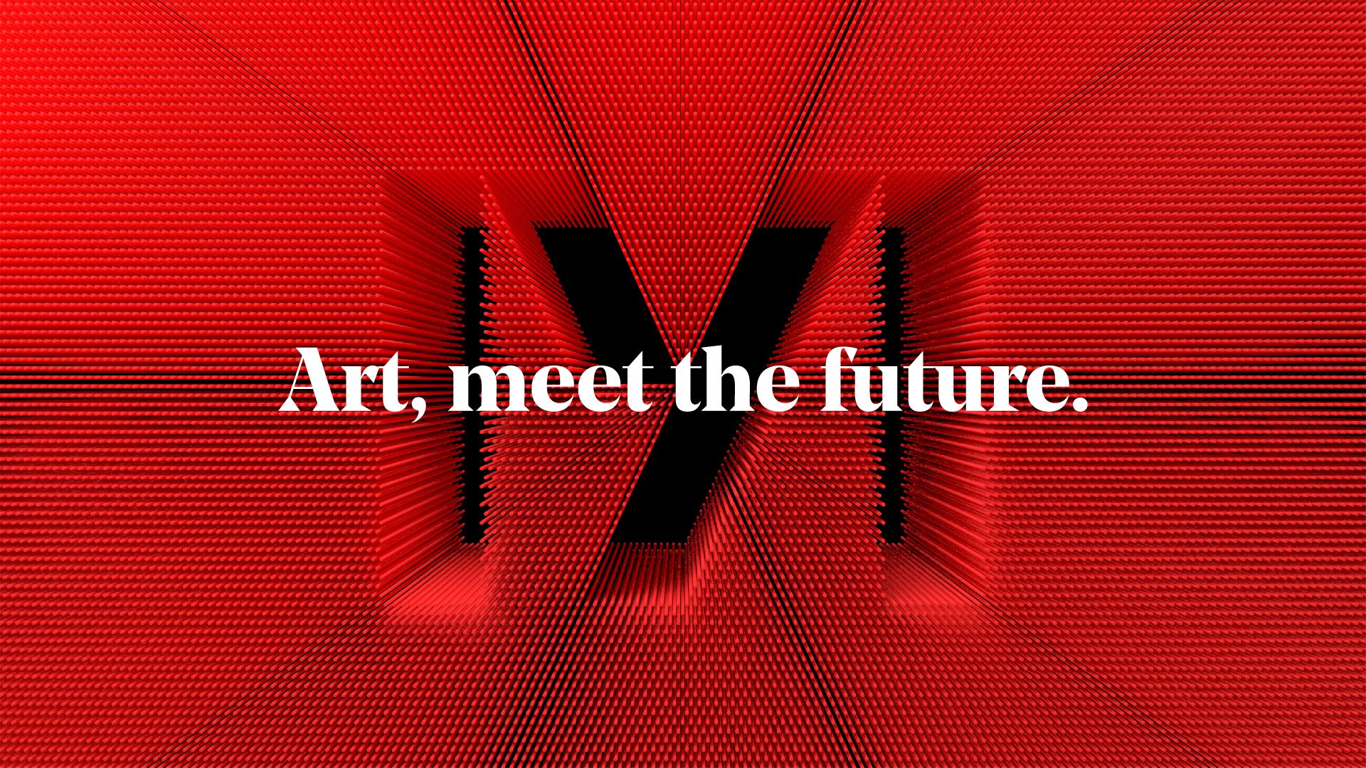 The slogan Art, meet the future is set in the middle of the screen, with the M behind made up of a 3D constructed tubing system
