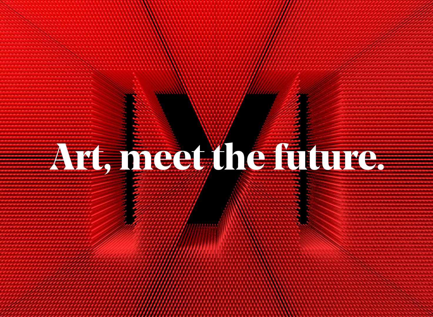 The slogan Art, meet the future is set in the middle of the screen, with the M behind made up of a 3D constructed tubing system