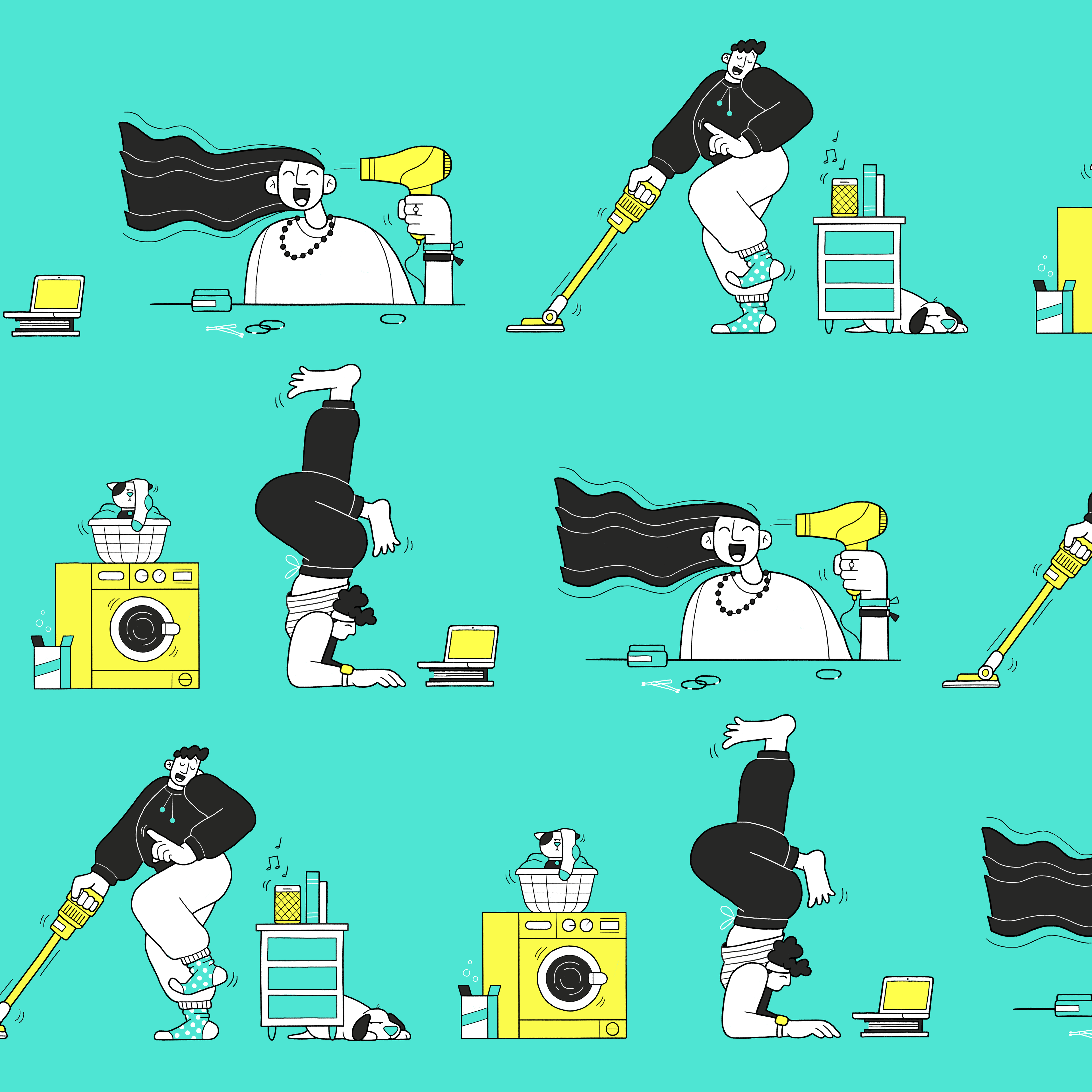 Black and yellow filled line Illustrations featuring people doing everyday tasks; which is tiled to create a pattern on a teal background. Person 1) Drying their long hair with a hairdryer. 2) Vacuuming with music playing on a speaker to their right, and dog sleeping on the floor. Person 3) Doing a load of washing while they practice yoga poses that are playing on their laptop
