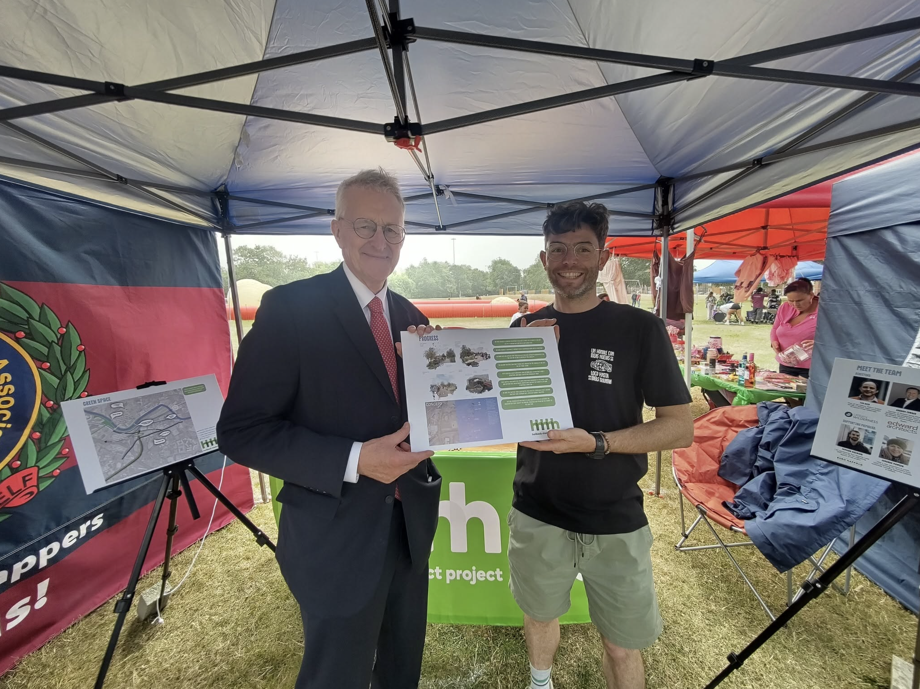 Recent campaign activity by the team shows Hilary Benn, MP for Leeds South & Mark Fletcher of the Holbeck Viaduct Project CIC holding the proposed plans