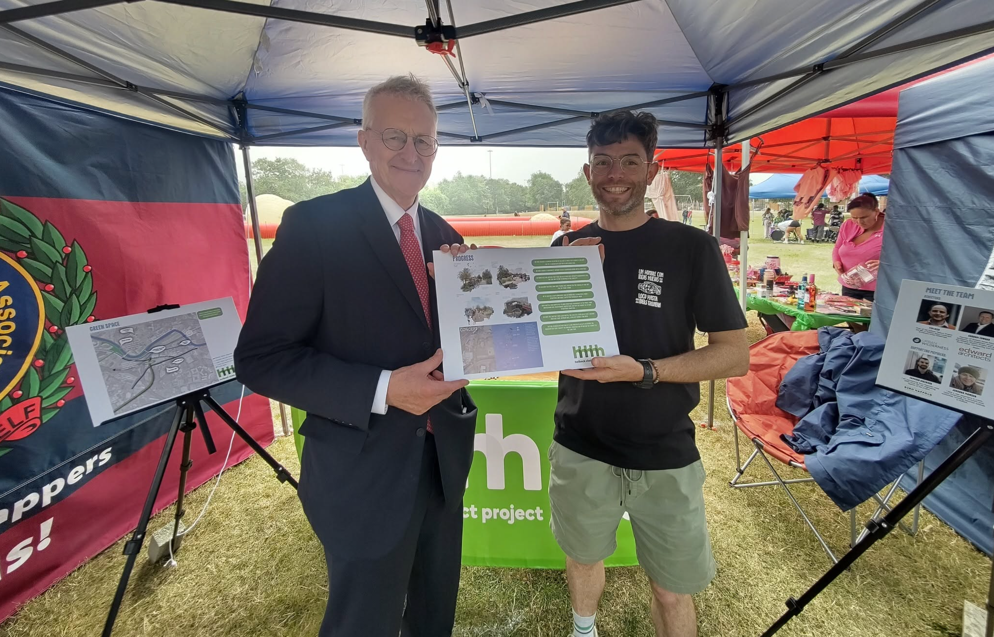 Recent campaign activity by the team shows Hilary Benn, MP for Leeds South & Mark Fletcher of the Holbeck Viaduct Project CIC holding the proposed plans