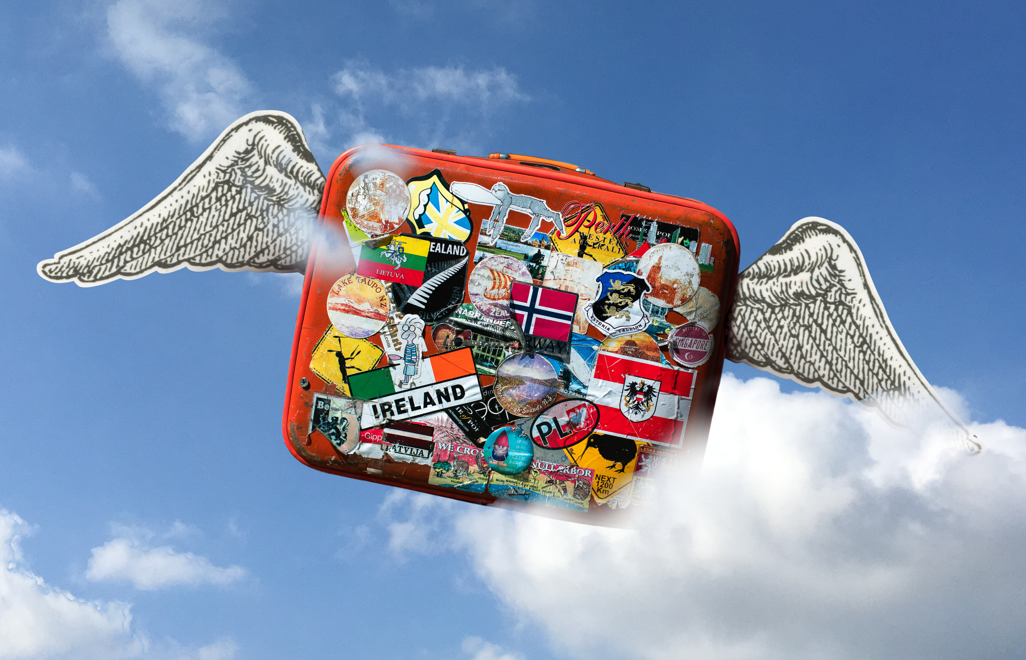 collage of a winged trolley suitcase, flying through a photograph of blue sky and clouds