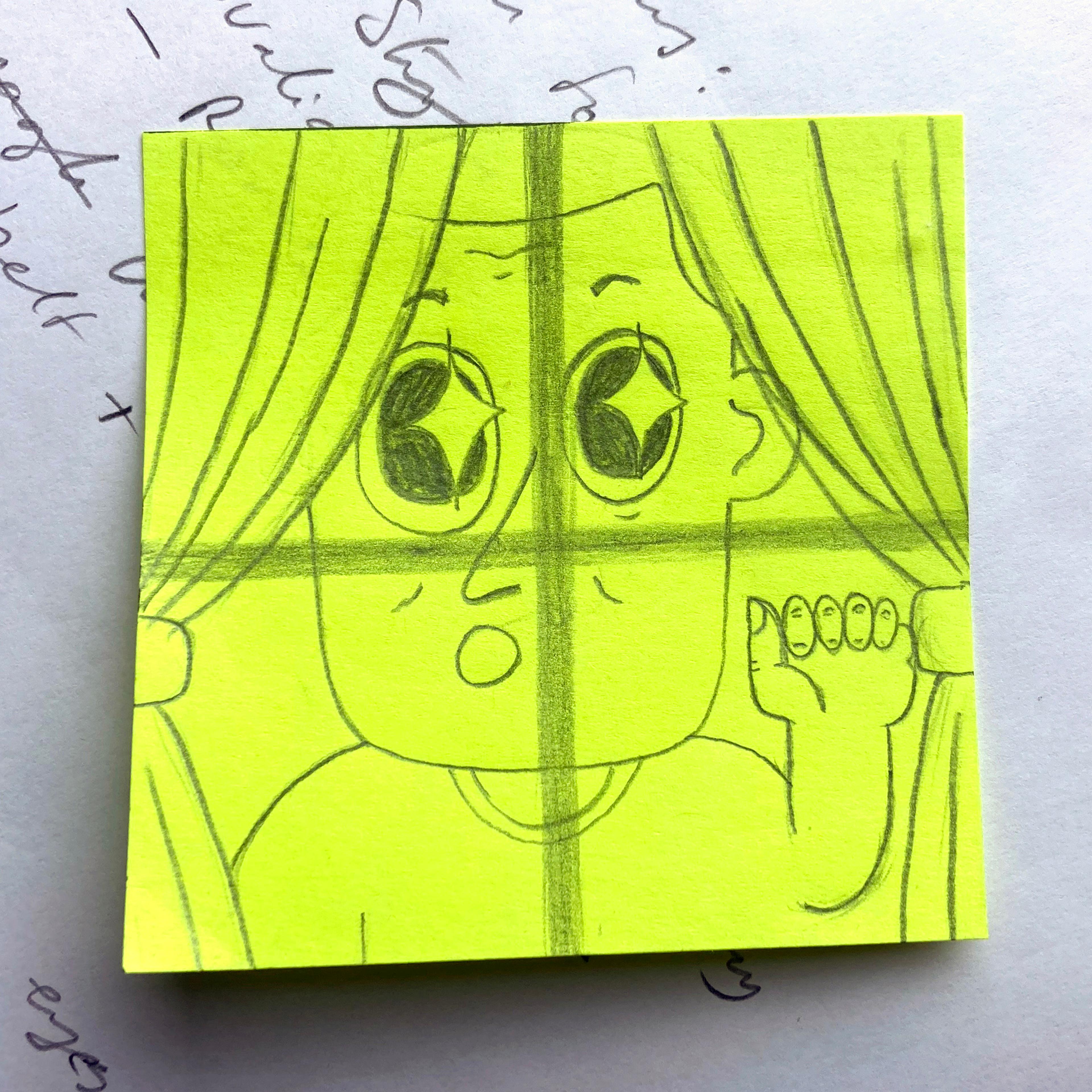 pencil doodle on a Postit note. A face looking in through a window as if wanting to come in.