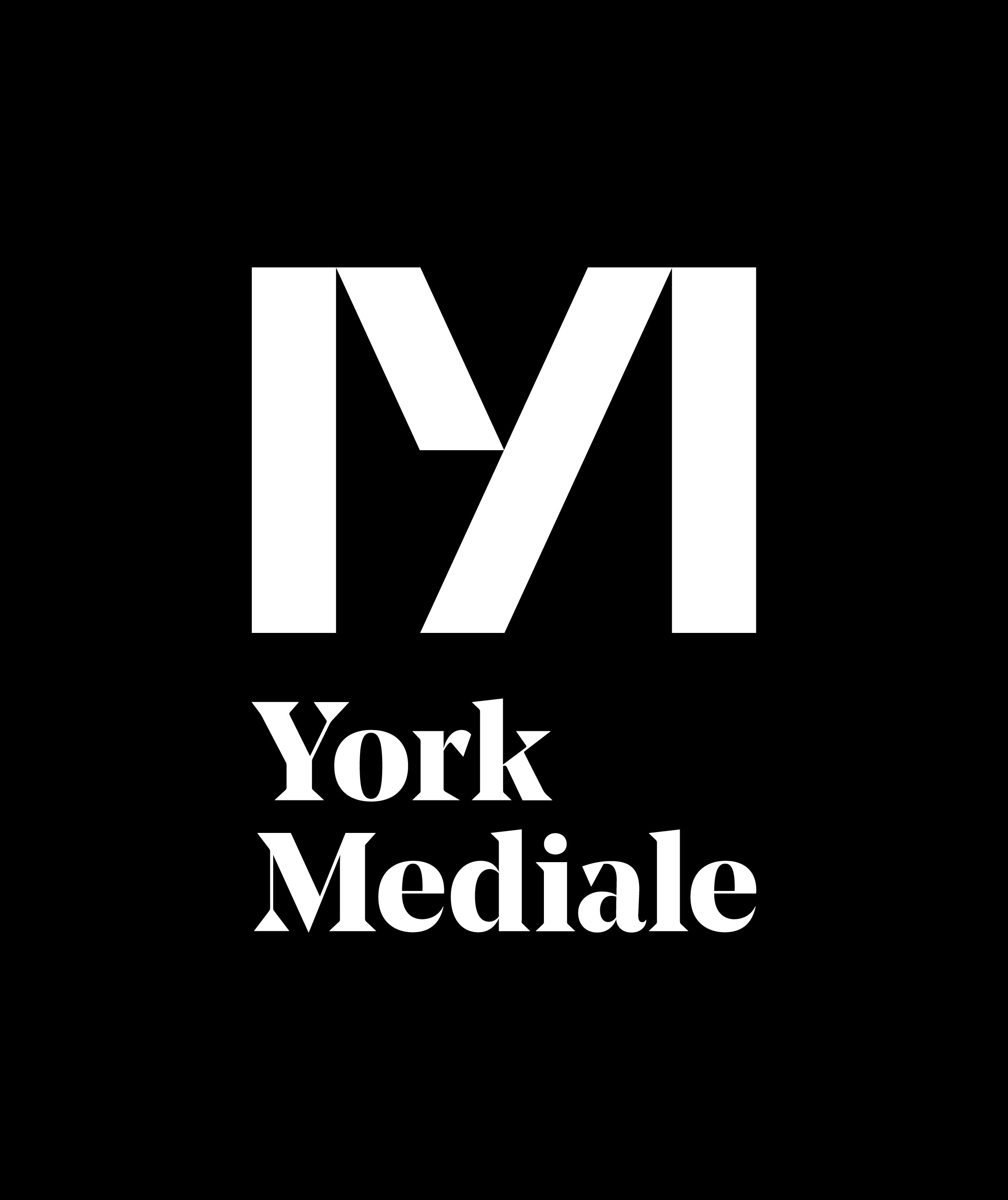The logo for the first Mediale is shown front and centre on a black background, white text. The M placed large and proud above text reading York Mediale