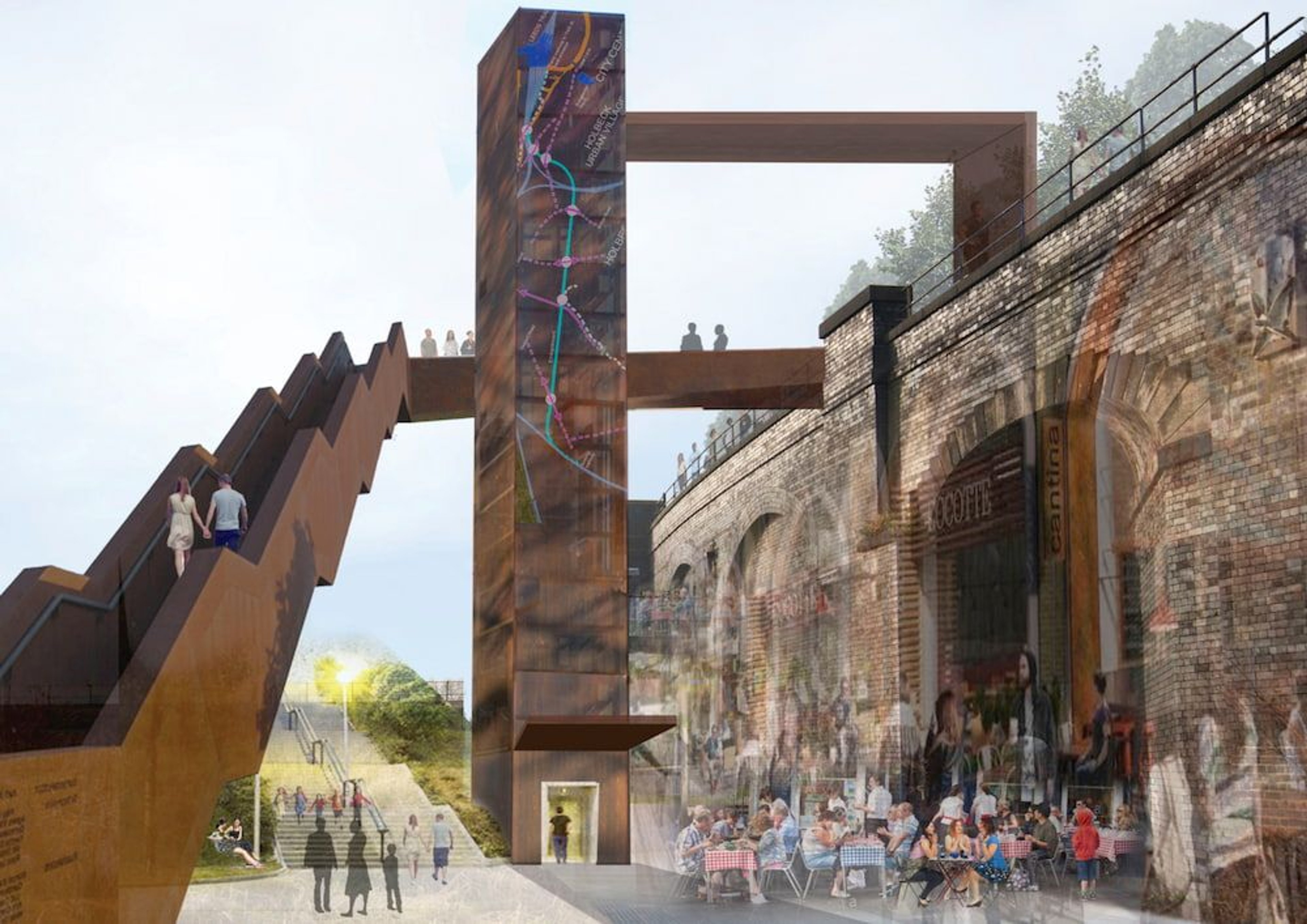 The proposed steps up to the Viaduct, alongside cafes, are mocked up over an existing image of the Viaduct