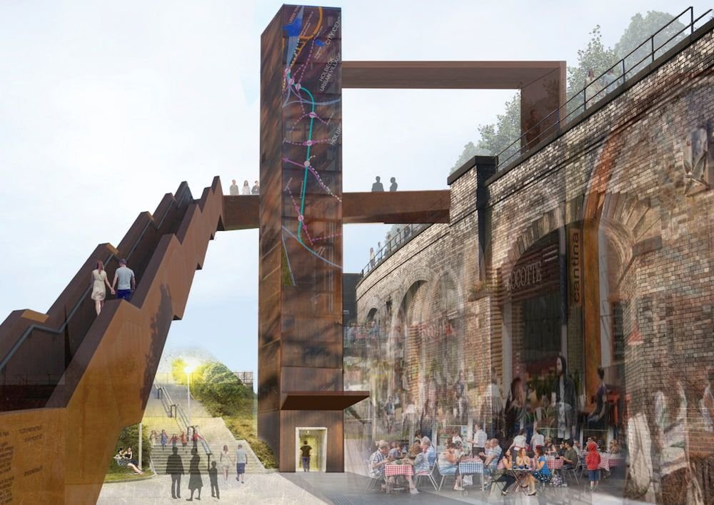 The proposed steps up to the Viaduct, alongside cafes, are mocked up over an existing image of the Viaduct