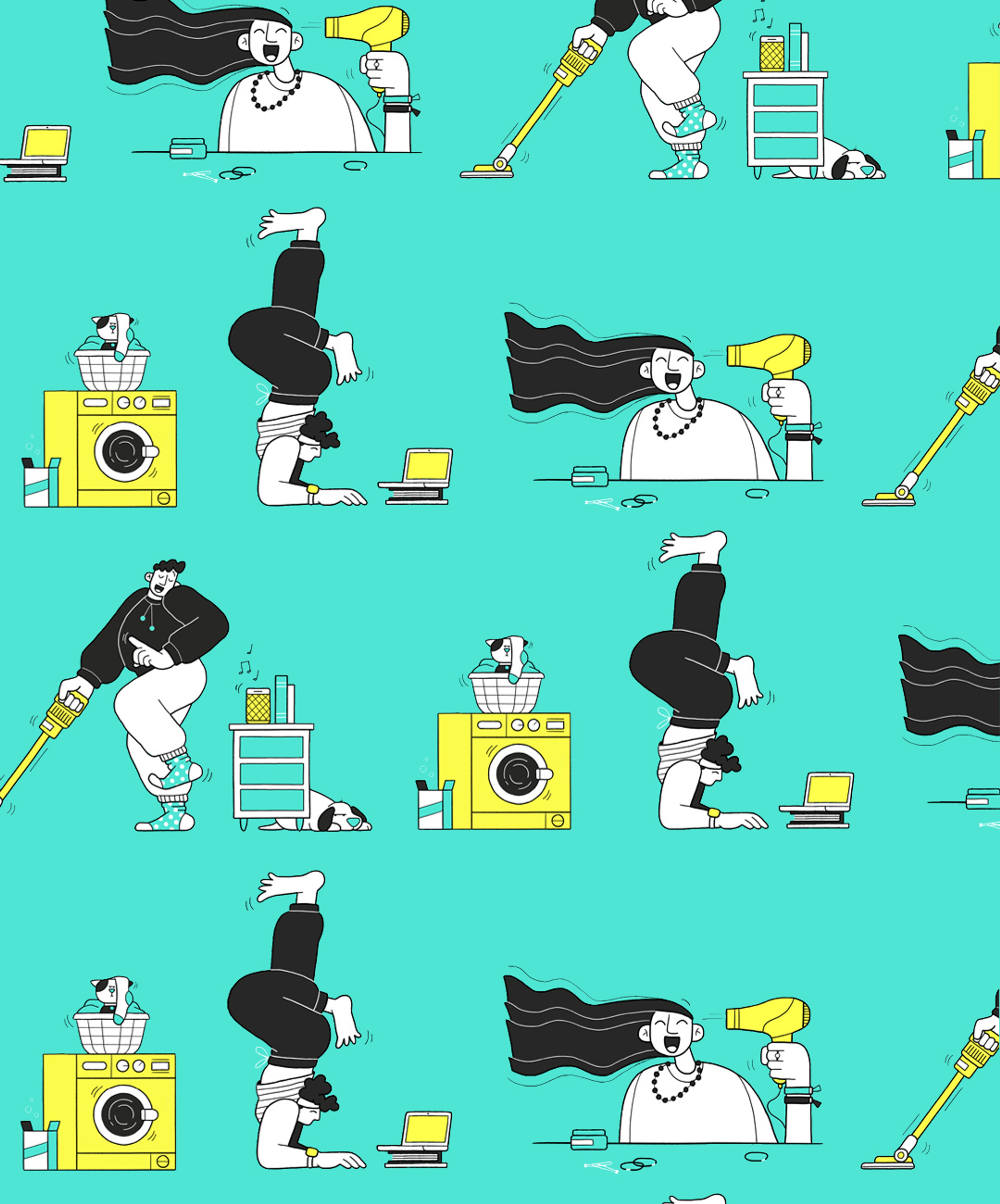 Black and yellow filled line Illustrations featuring people doing everyday tasks; which is tiled to create a pattern on a teal background. Person 1) Drying their long hair with a hairdryer. 2) Vacuuming with music playing on a speaker to their right, and dog sleeping on the floor. Person 3) Doing a load of washing while they practice yoga poses that are playing on their laptop