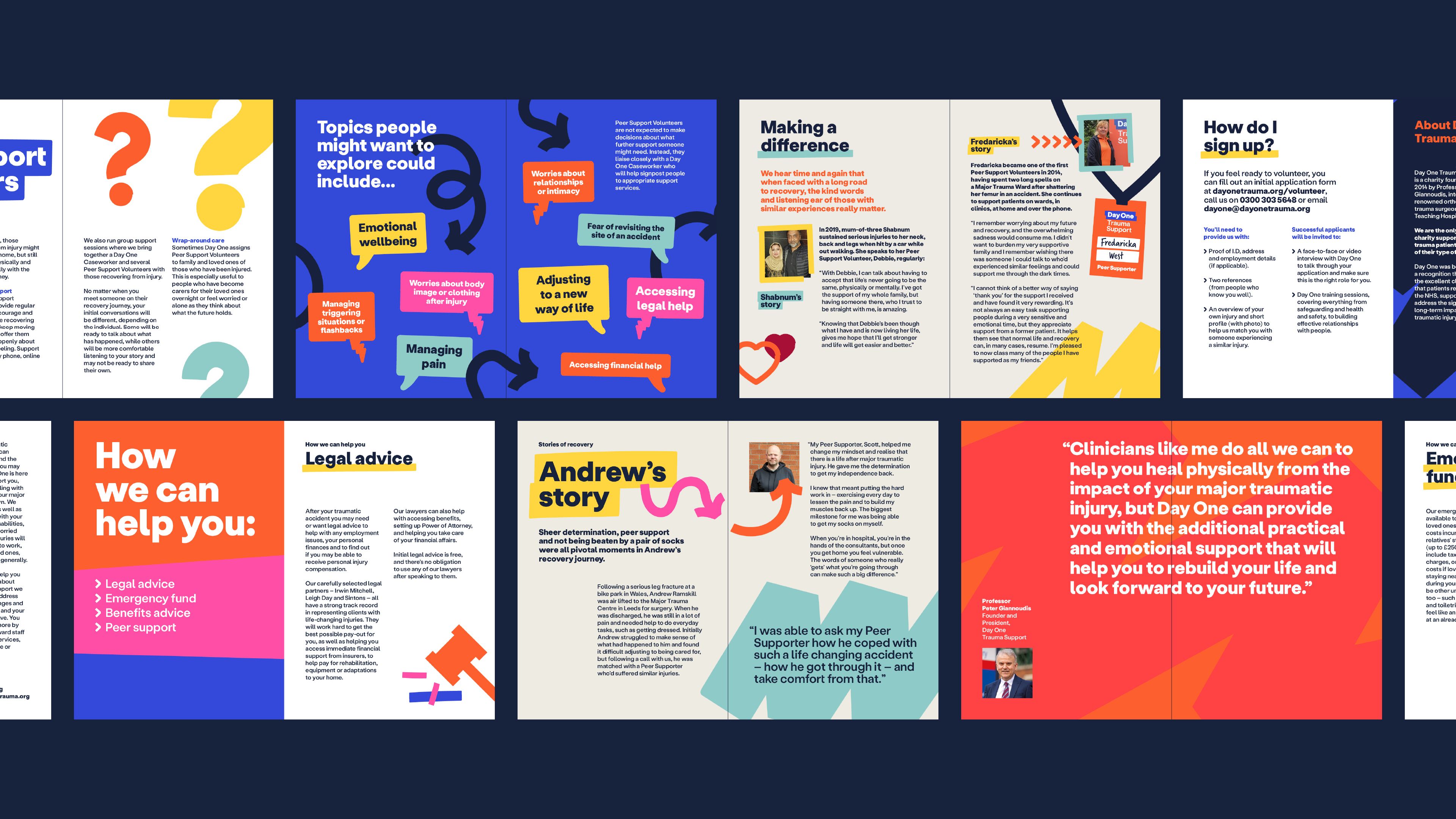 Five double page spreads from Day One booklets are shown on a dark blue background. The contents cover everything from peoples individual stories, to legal advice, and some larger quotes. Each is embellished with little colourful details, whether thats arrows, question marks, speech bubbles, or little lanyard illustrations