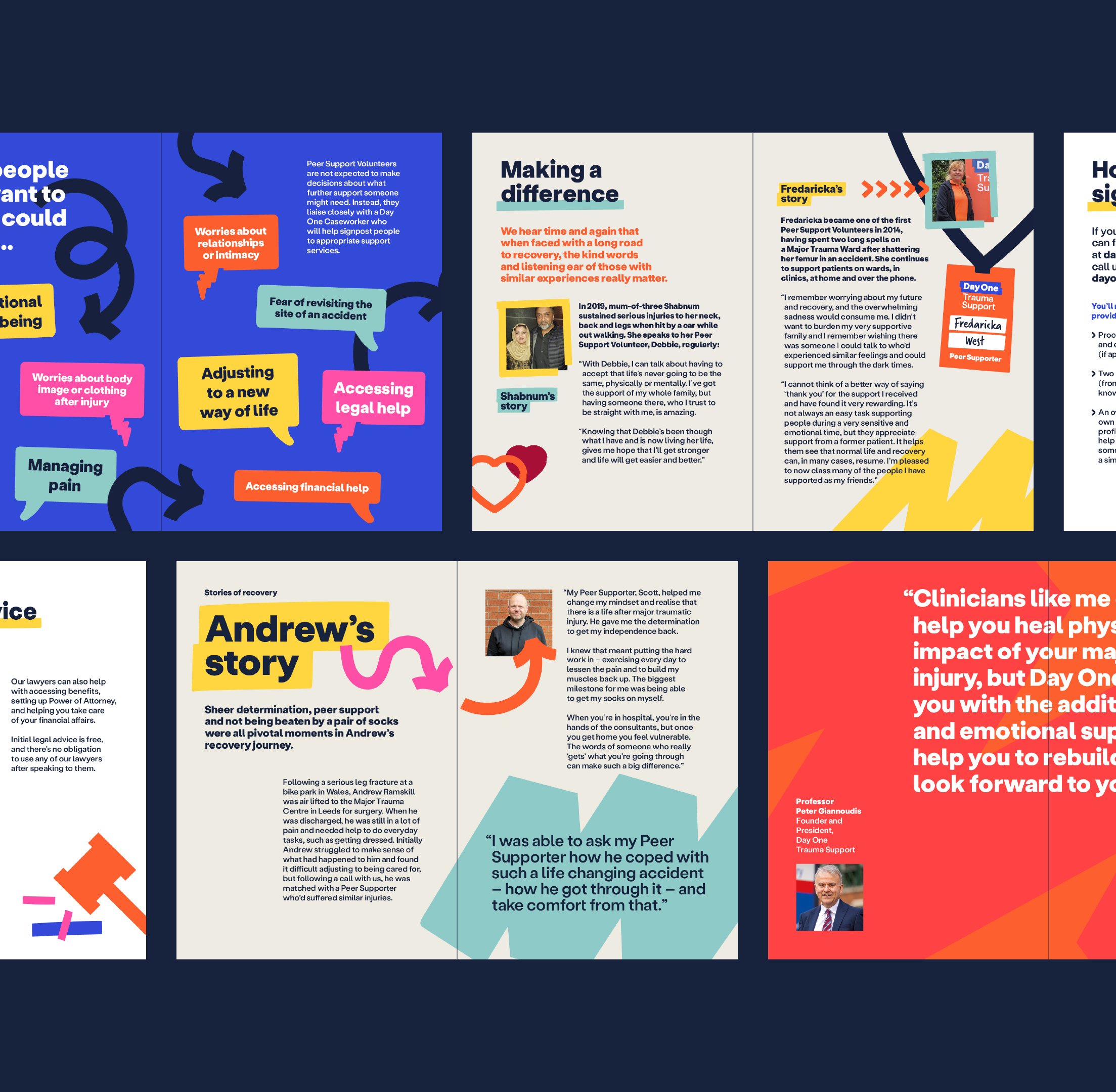 Five double page spreads from Day One booklets are shown on a dark blue background. The contents cover everything from peoples individual stories, to legal advice, and some larger quotes. Each is embellished with little colourful details, whether thats arrows, question marks, speech bubbles, or little lanyard illustrations