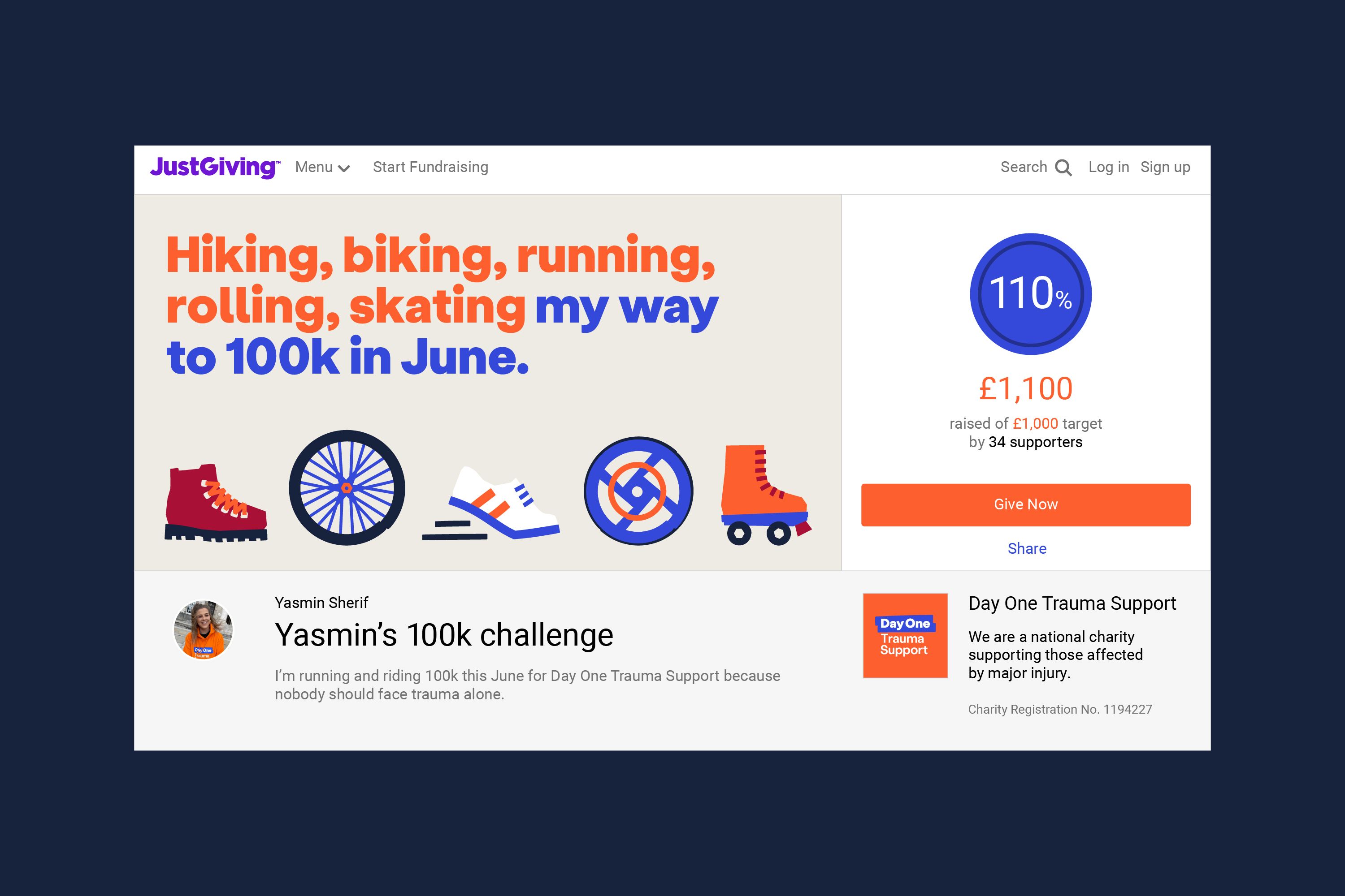 A screenshot of the JustGiving page where Day One rose £1,100 is displayed, along side the illustrations made for the specific page, depicting all the different ways people are exercising to raise money