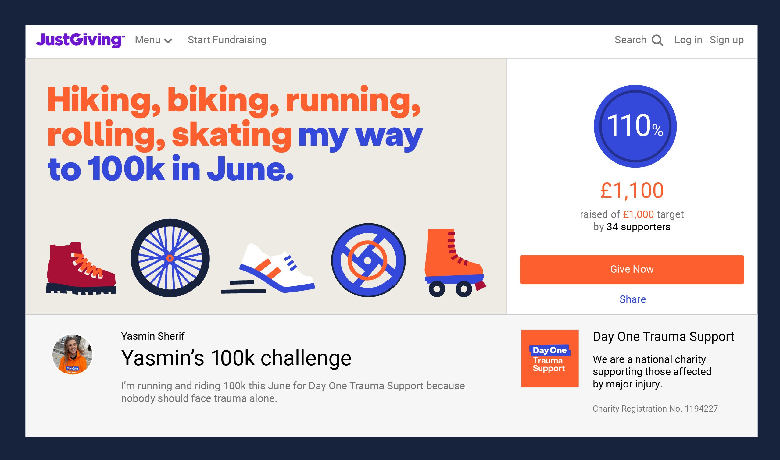 A screenshot of the JustGiving page where Day One rose £1,100 is displayed, along side the illustrations made for the specific page, depicting all the different ways people are exercising to raise money