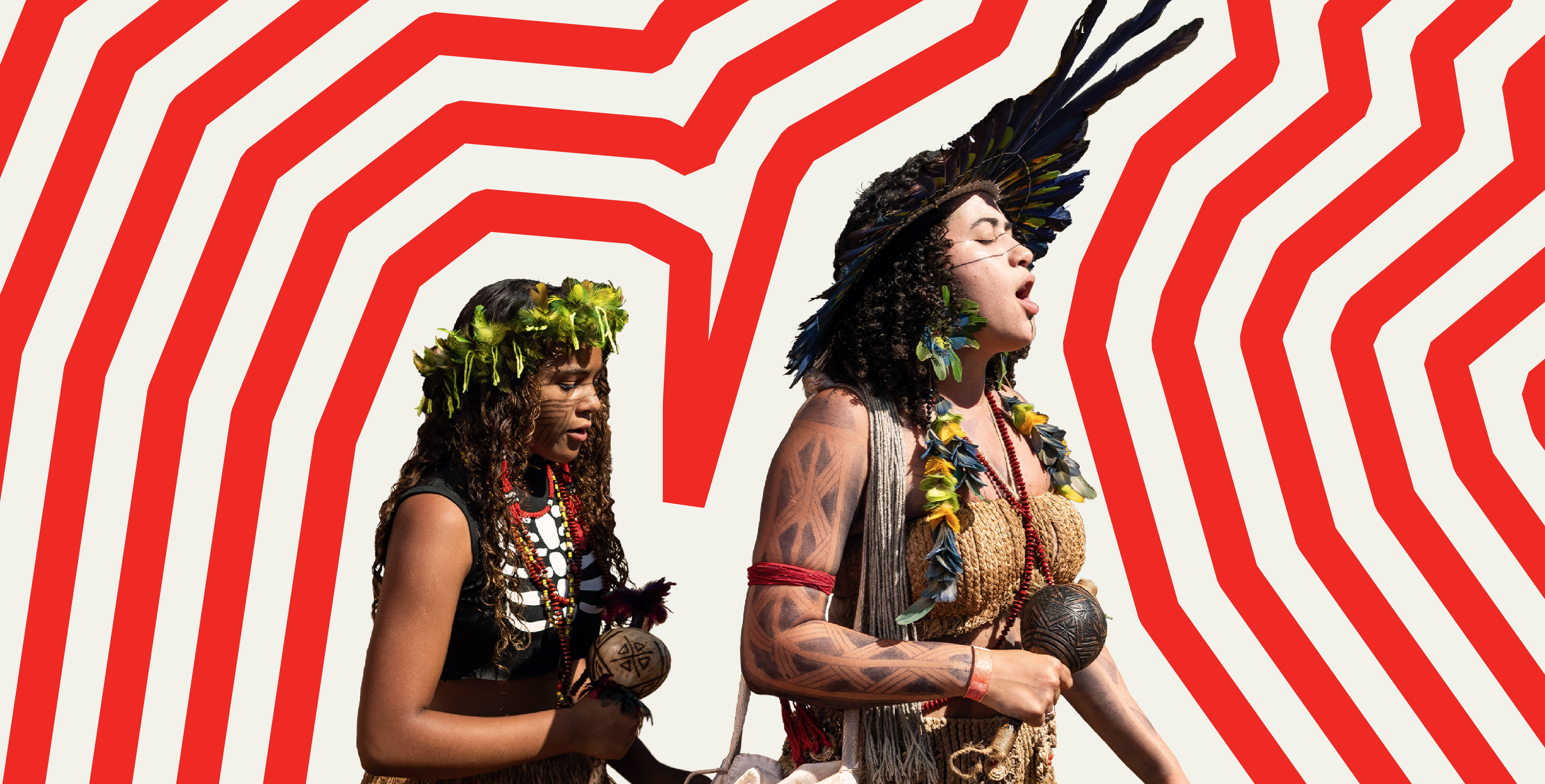 A photo of two indigenous women is taken mid dance. They are then outlined red lines that increasingly move out from them in 100px increments