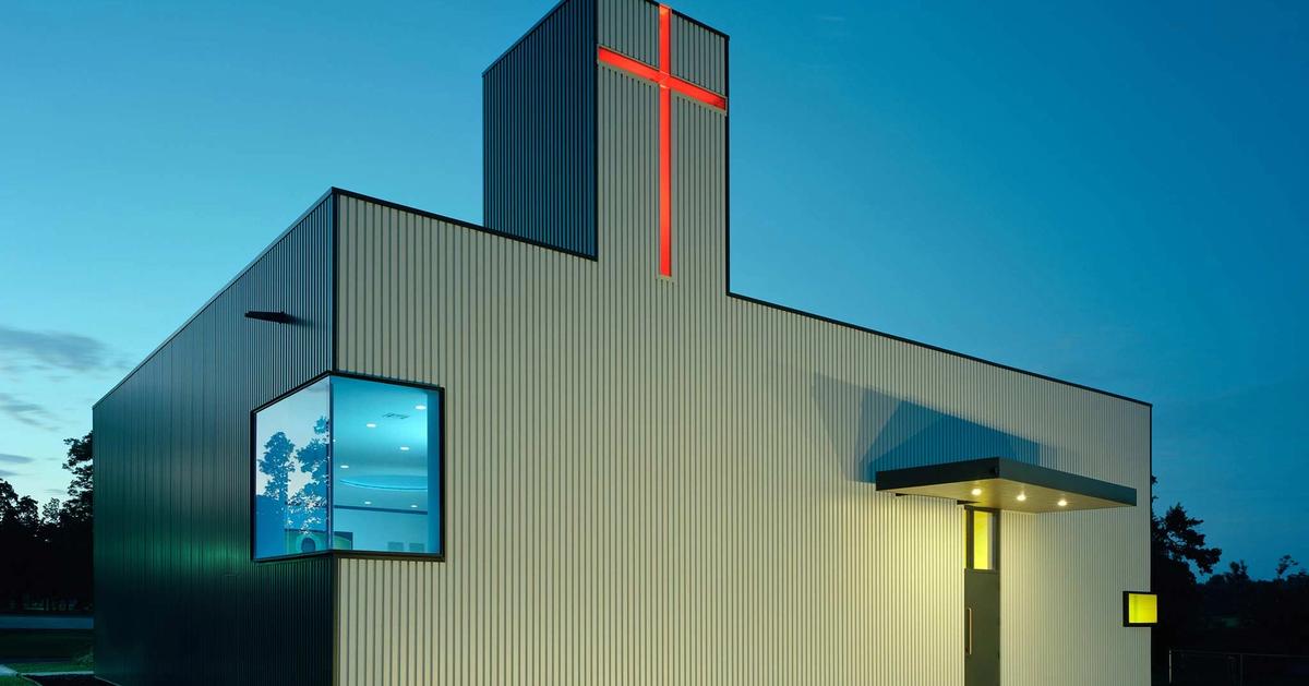 St. Nicholas Eastern Orthodox Church, Springdale, Arkansas; luminous sanctuary and tower