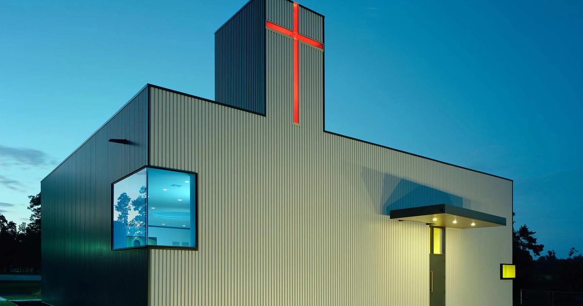 St. Nicholas Eastern Orthodox Church, Springdale, Arkansas; luminous sanctuary and tower