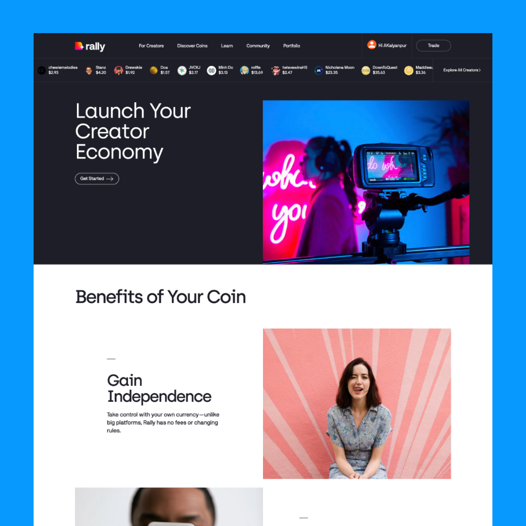 Desktop website homepage for Rally featuring a camera setup and a section on benefits of using Rally.
