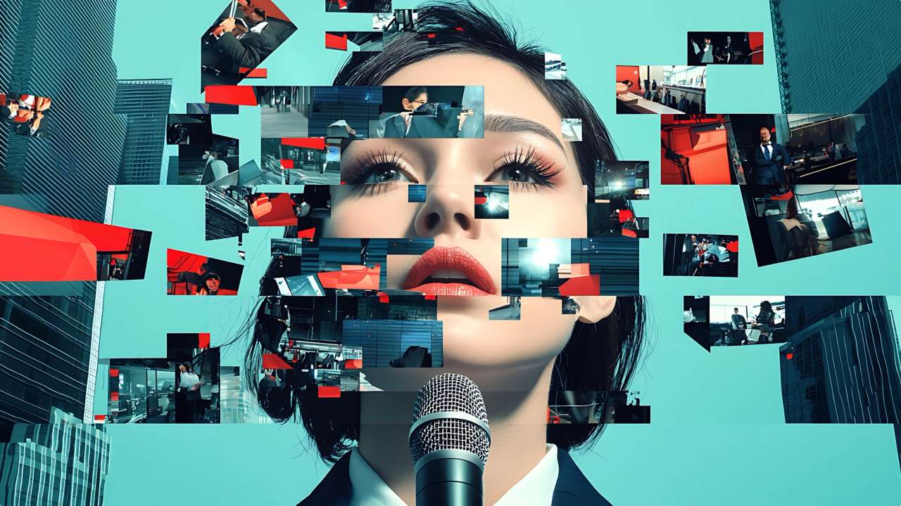 Digital marketing composite with a fragmented face and digital screens, symbolizing media and communication.