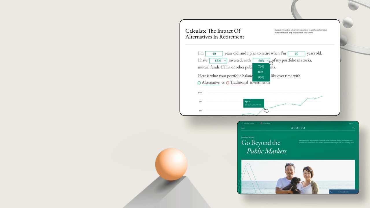 Desktop website interface for Apollo Global Management showing an interactive retirement calculator and homepage with financial planning tools.