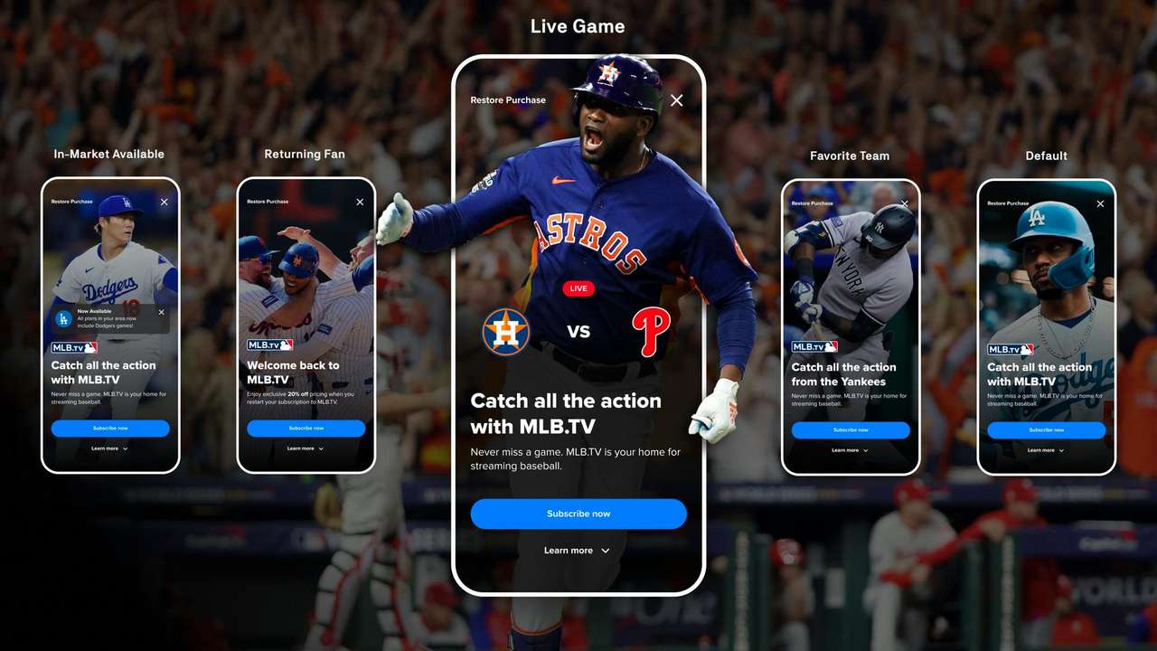 MLB.TV mobile app screens showing live game options for different teams.