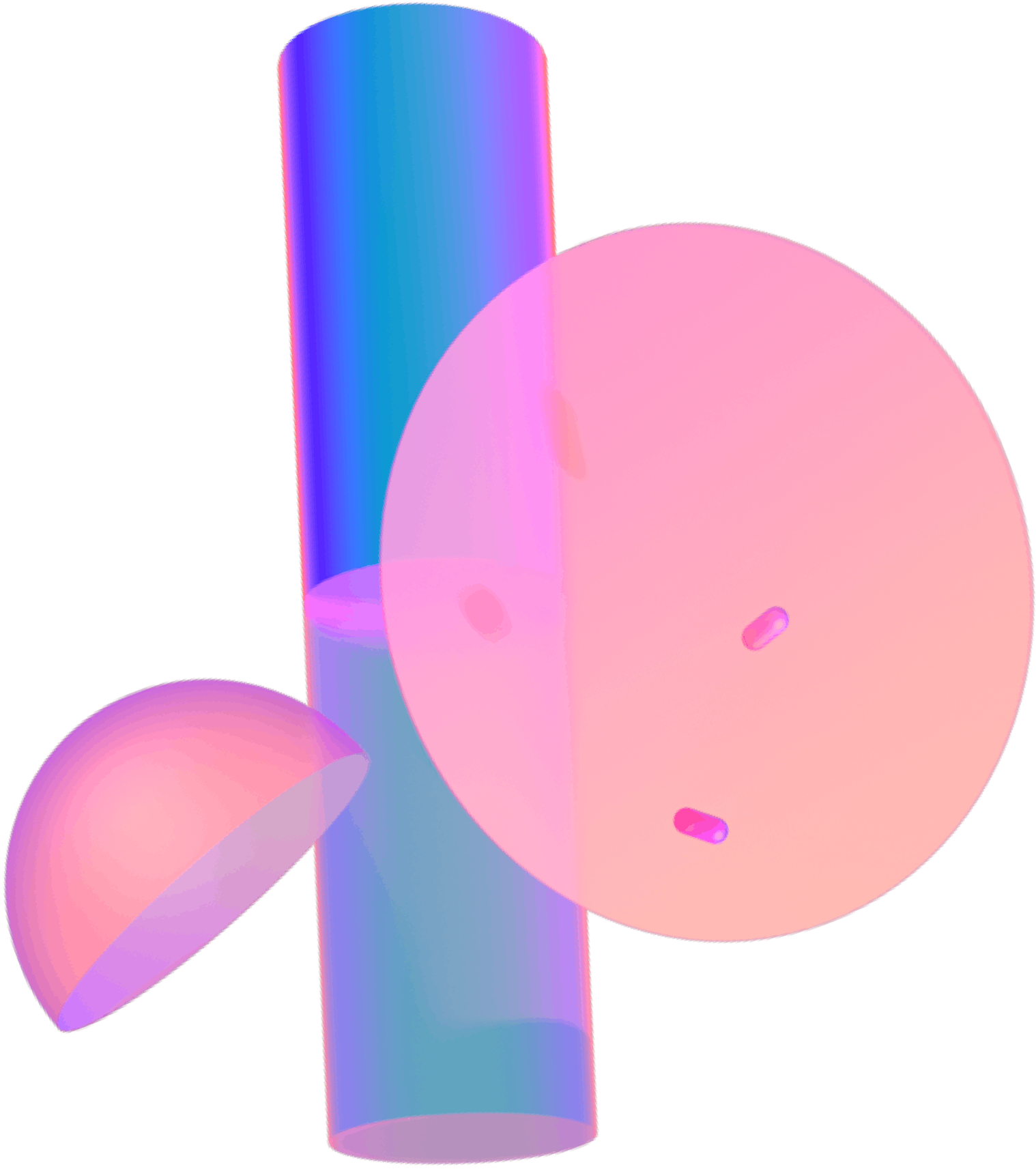 Abstract 3D shapes with a cylinder and spheres in pastel colors.