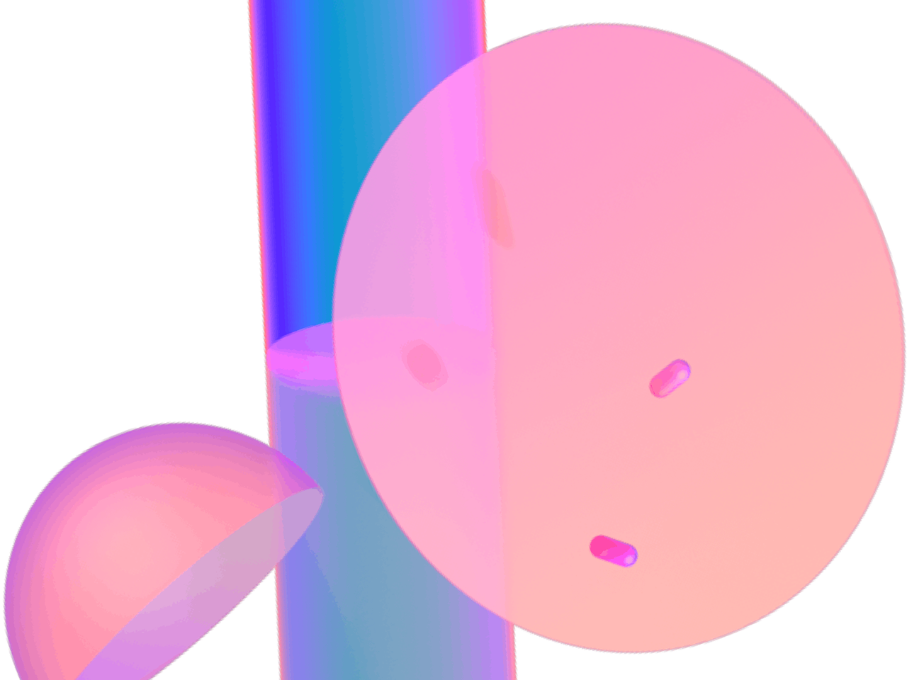 Abstract 3D shapes with a cylinder and spheres in pastel colors.