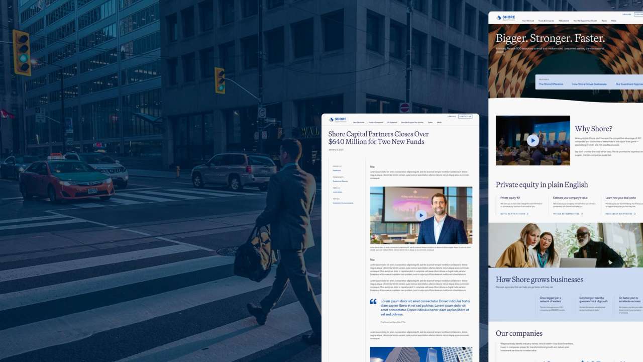 Desktop website homepage for Shore Capital Partners showing various sections including news, company information, and investment strategies.