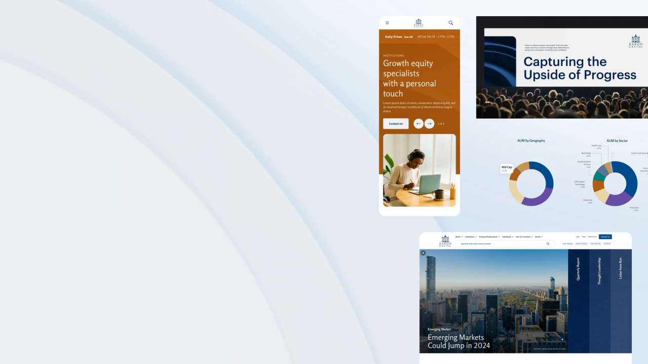 Desktop and mobile website screens for Baron Capital, featuring navigation, article cards, and data visualizations.