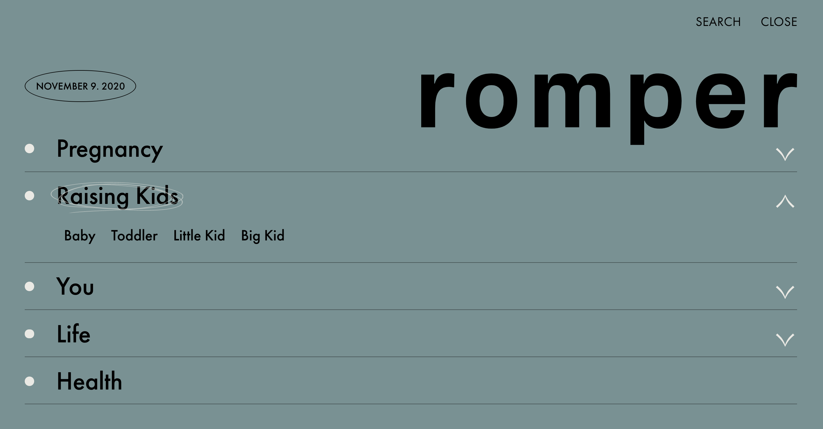Website navigation menu for Romper showing categories like Pregnancy, Raising Kids, You, Life, and Health.