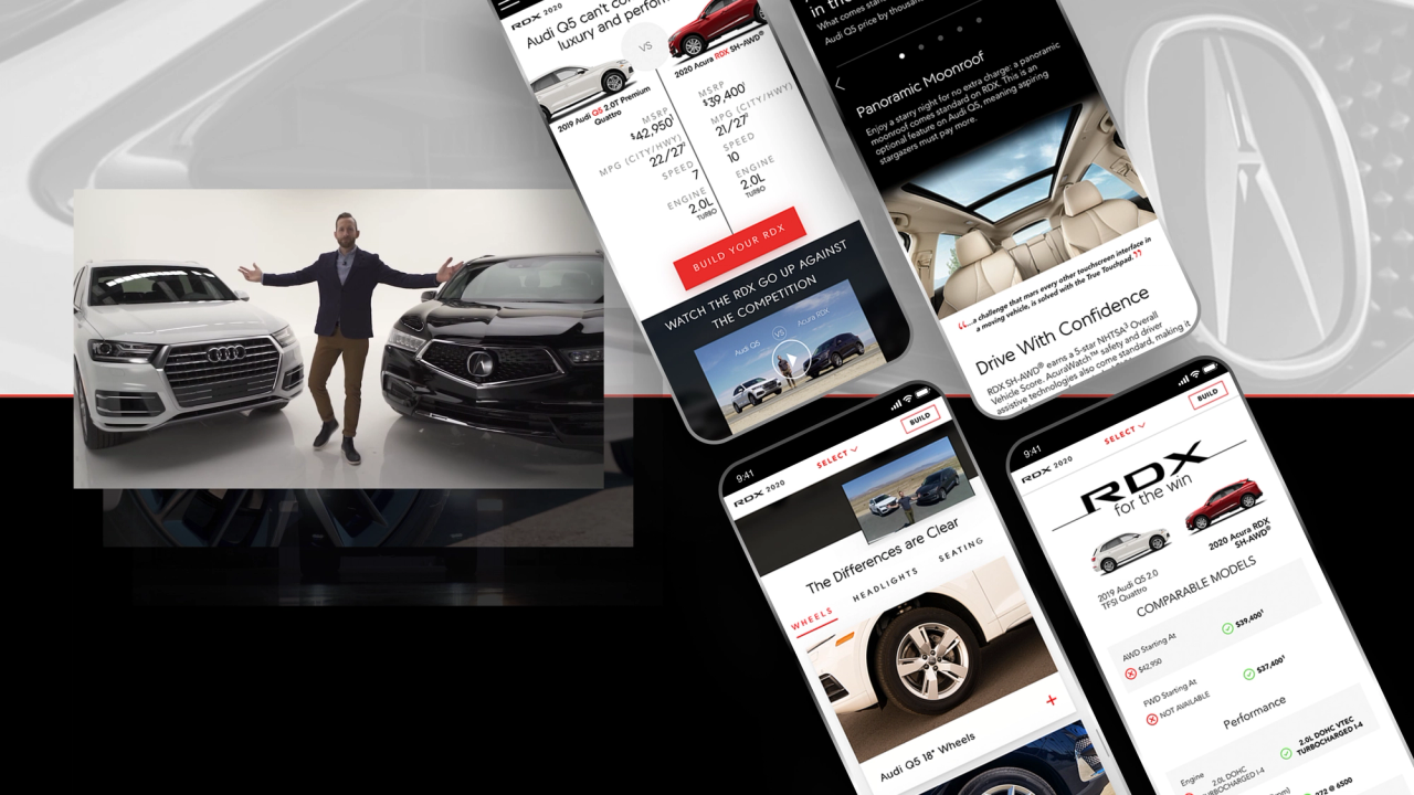 Mobile app screens showcasing Acura RDX features and comparisons with Audi Q5.