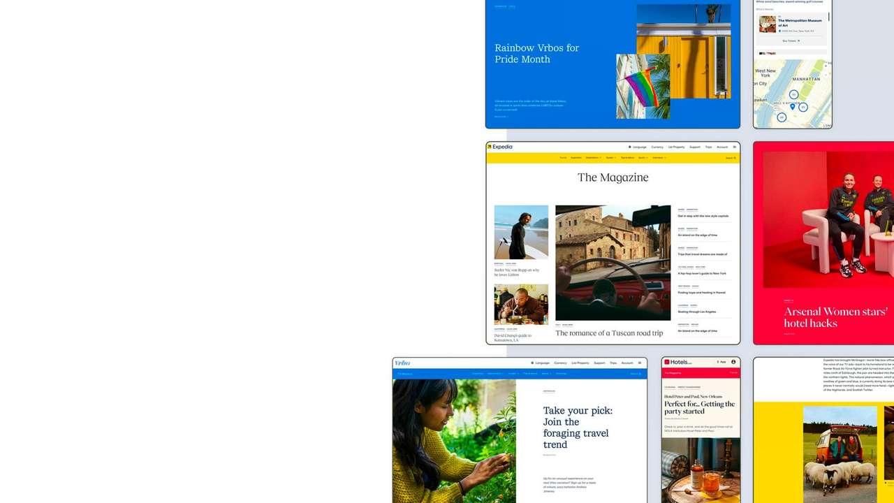 Digital marketing composites for Expedia Group featuring various website and mobile app screens.