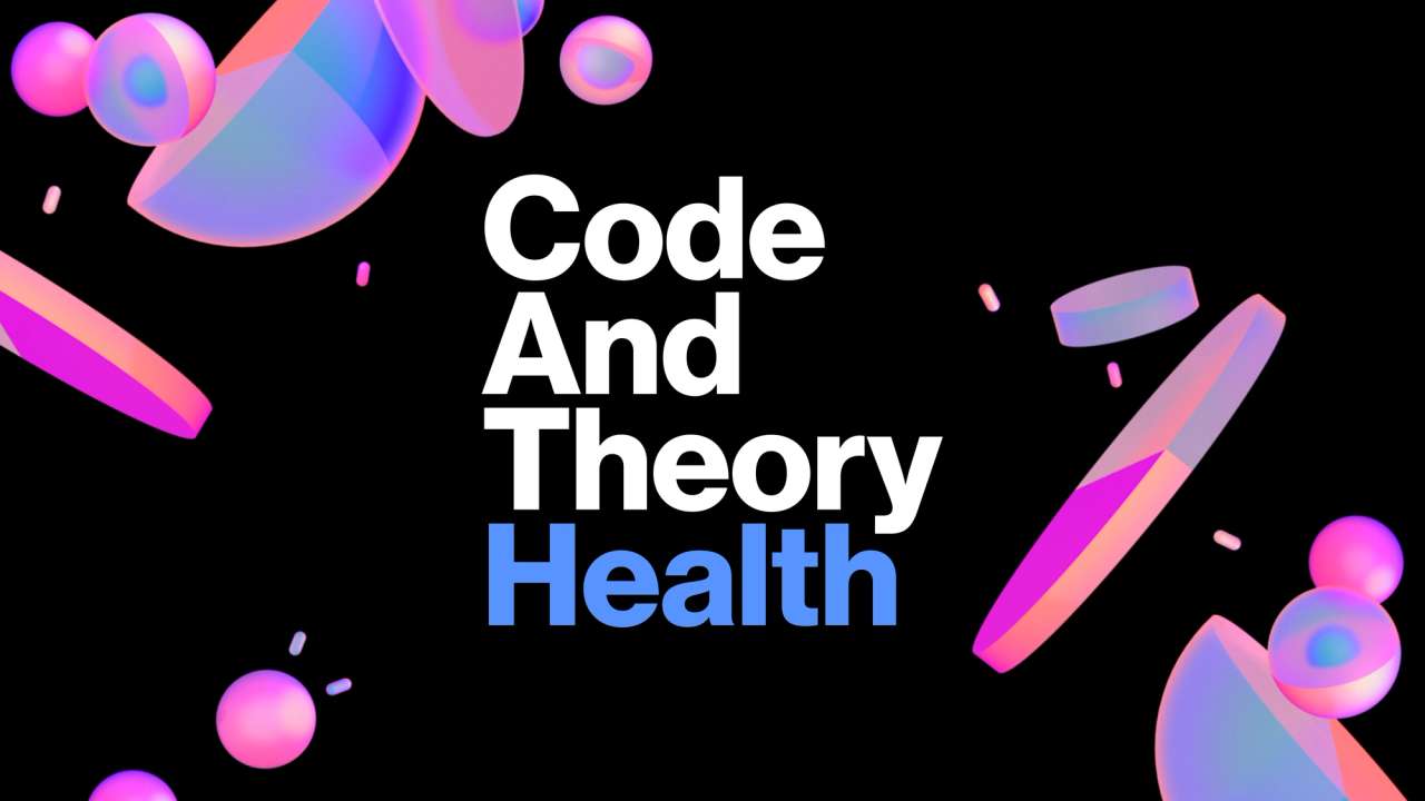 Graphic design featuring 'Code And Theory Health' text with colorful abstract shapes on a black background.