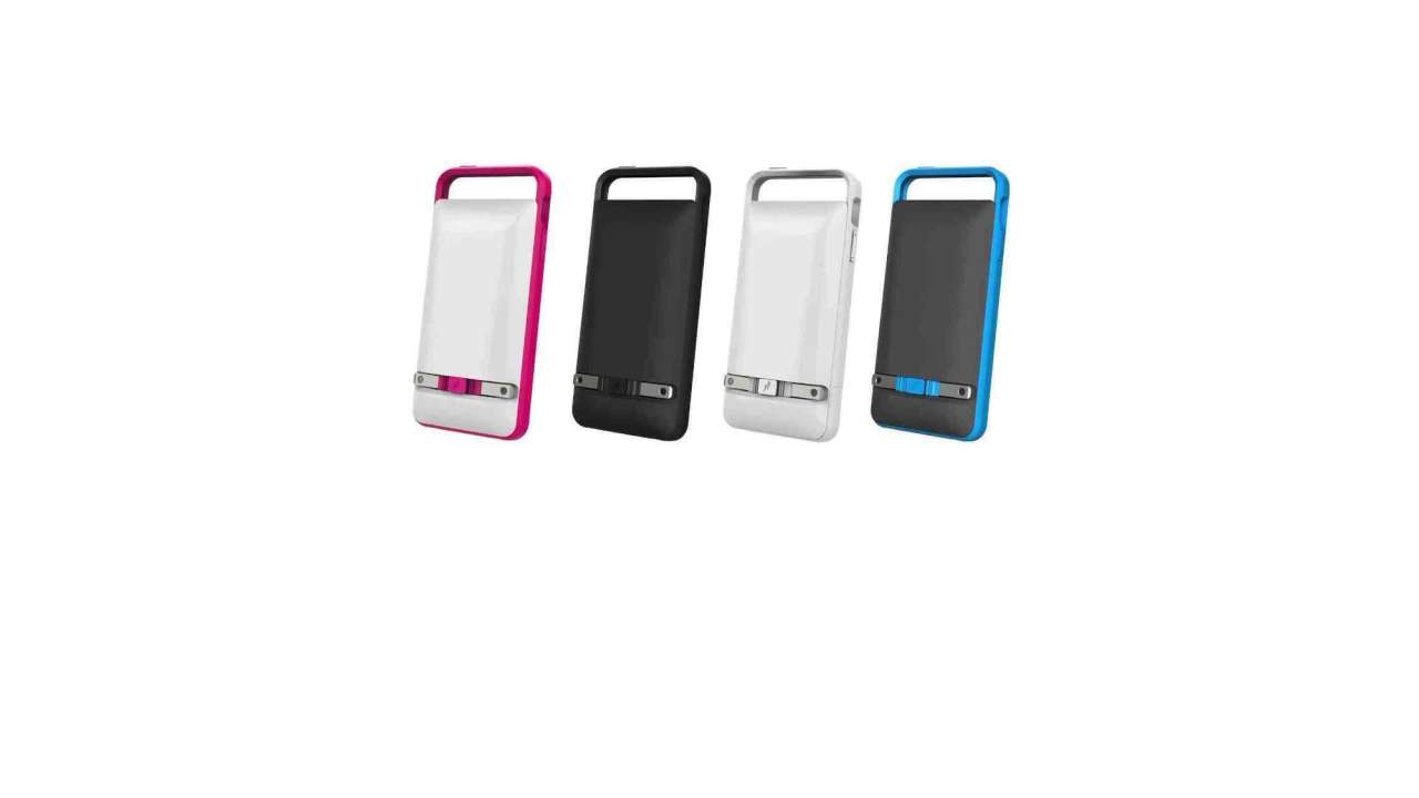 Four smartphone cases in pink, black, white, and blue, each with a handle and a metal clip, displayed against a white background.