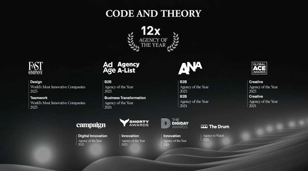 Award recognition display for Code and Theory showcasing multiple 'Agency of the Year' honors and other accolades from 2024 and 2025.