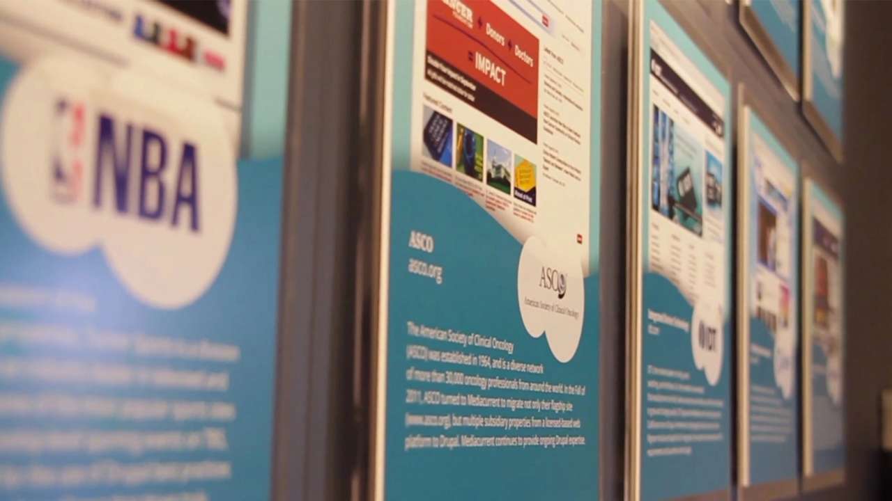 Framed informational posters on a wall featuring various organizations, including the NBA logo.
