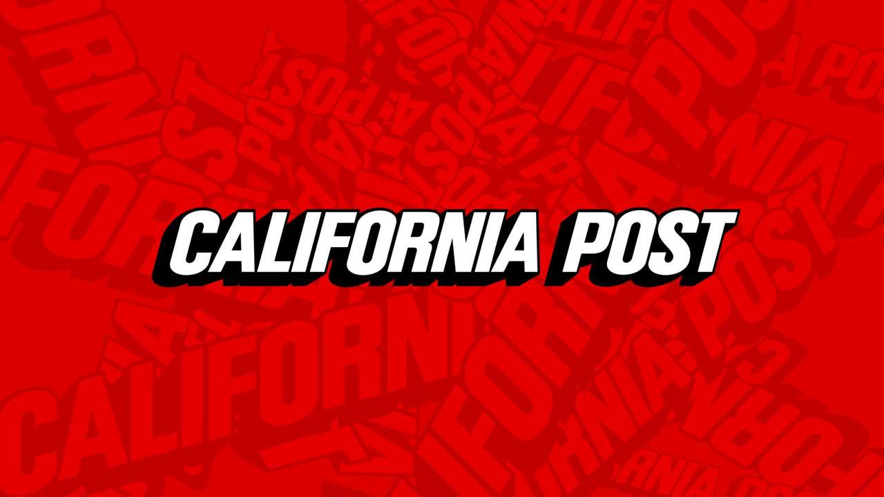 Graphic design featuring the text 'California Post' in bold white letters on a red background with overlapping text.