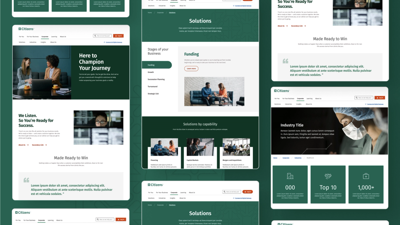 Desktop website pages for Citizens Bank showcasing solutions and services.
